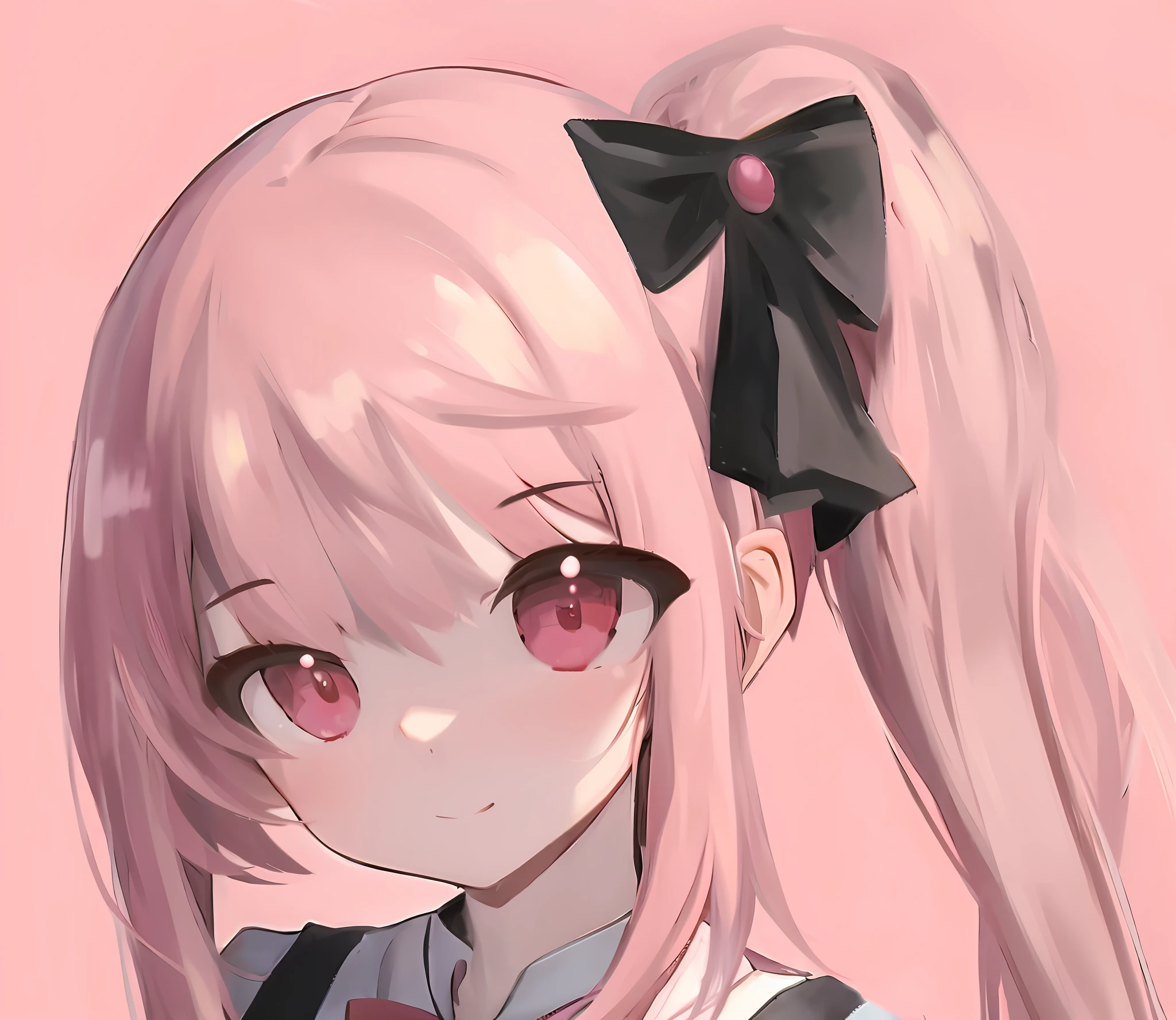 Anime girl with pink hair and black bow in front of pink background, pink double tail hair and red eyes, cute anime face, anime style portrait, very cute anime girl face, anime girl portrait, portrait anime girl, cute anime girl portrait, anime girl portrait, cute anime girl portrait, kawaii realistic portrait