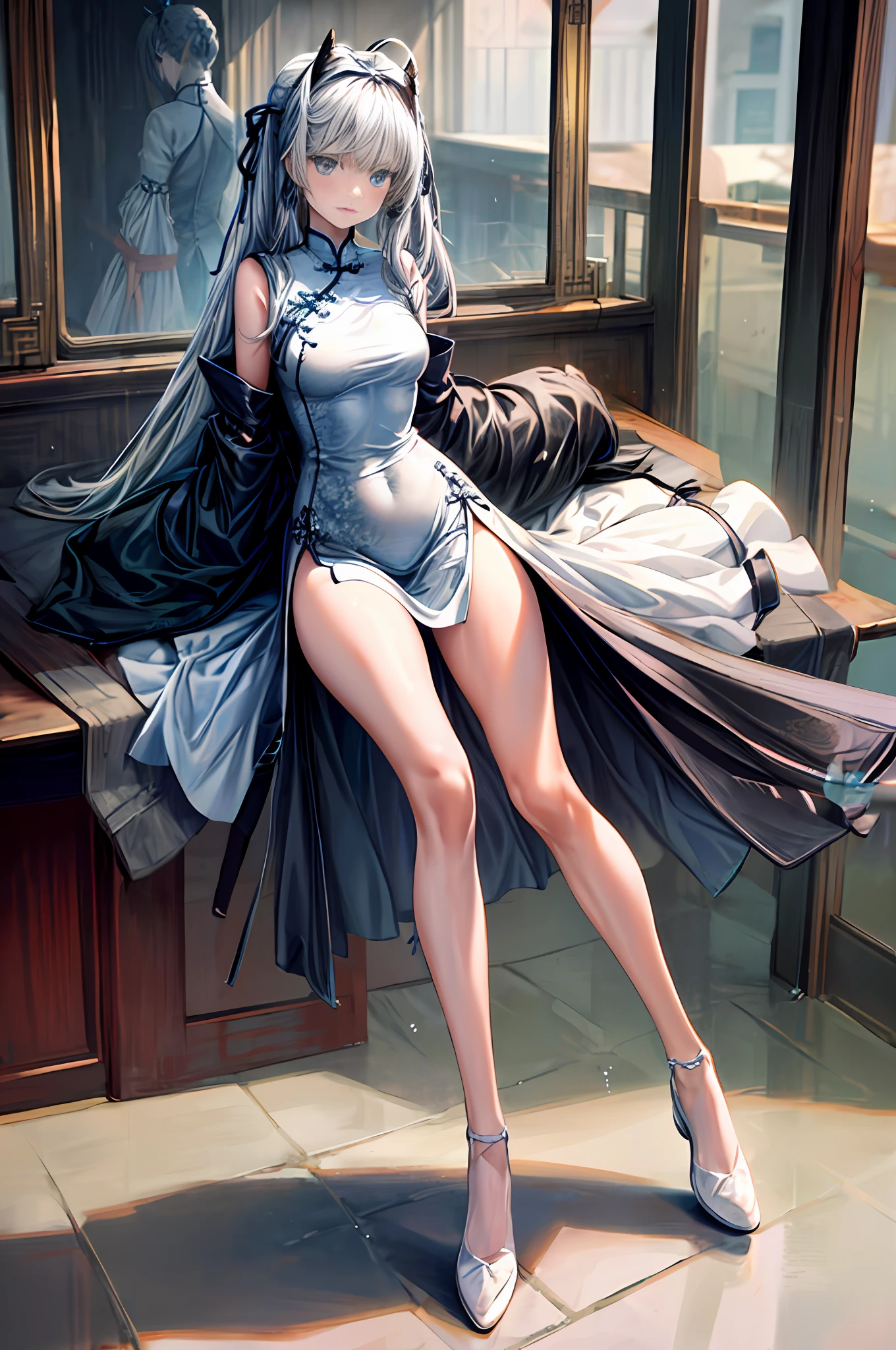 (1girl), overexposed, (wet clothes), solo, ultra-detailed, illustration, full body, detail accessories, (best quality), ((masterpiece)), (very detailed 4k cg), very detailed wallpaper, (very delicate and beautiful), arknights_mint, long hair, gray hair, blue eyes, black ribbon, catwoman, headband, ribbon, bangs, ahoge, {(((China_dress)))}, Highleg, thick thighs, white leggings, arms behind the back,