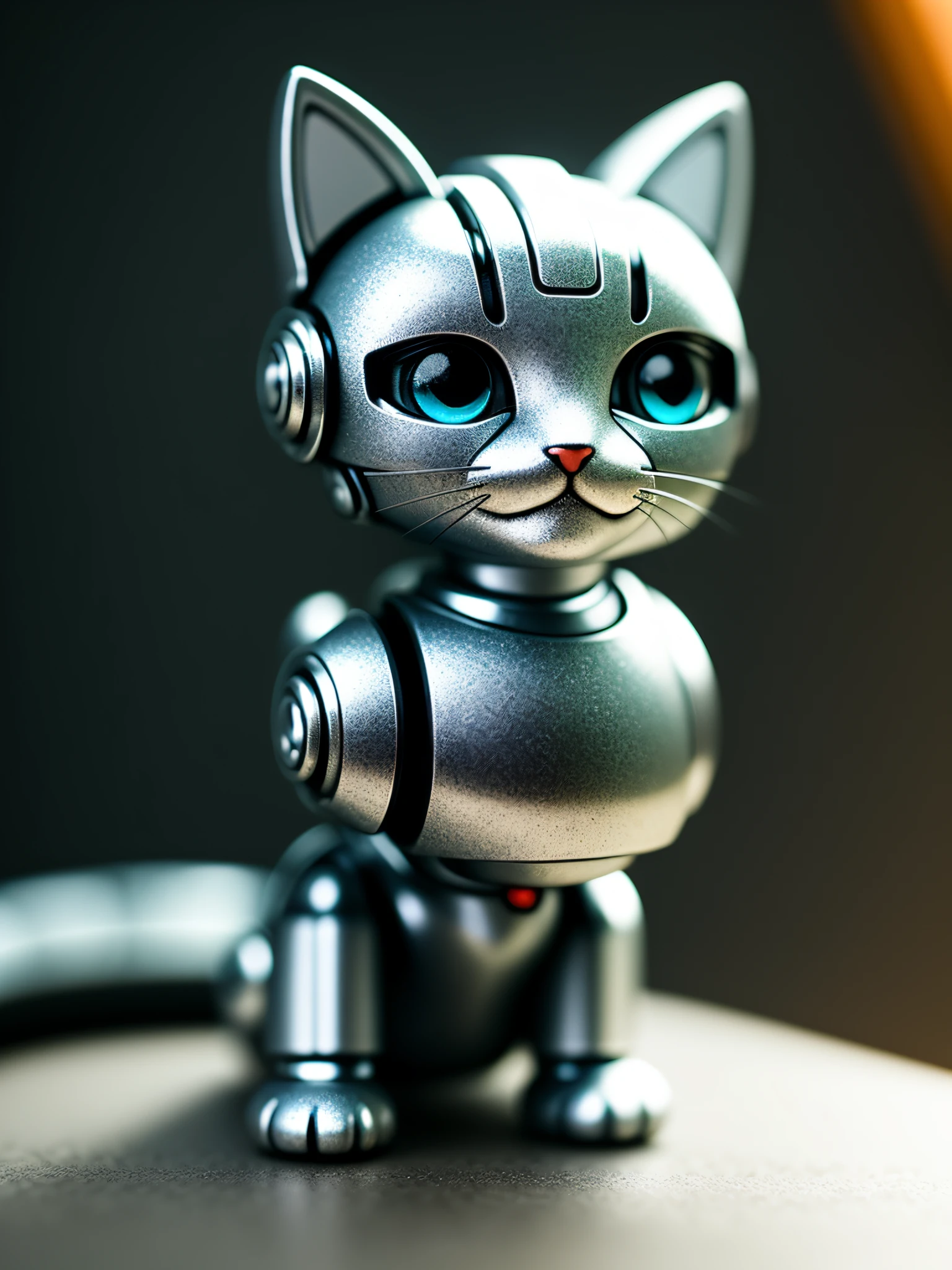 cute kitten made of metal, (cyborg: 1.1), ([tail | detailed wire]: 1.3), (complex detail), HDR, (complex detail, super detail: 1.2), cinematic shot, vignette, center
