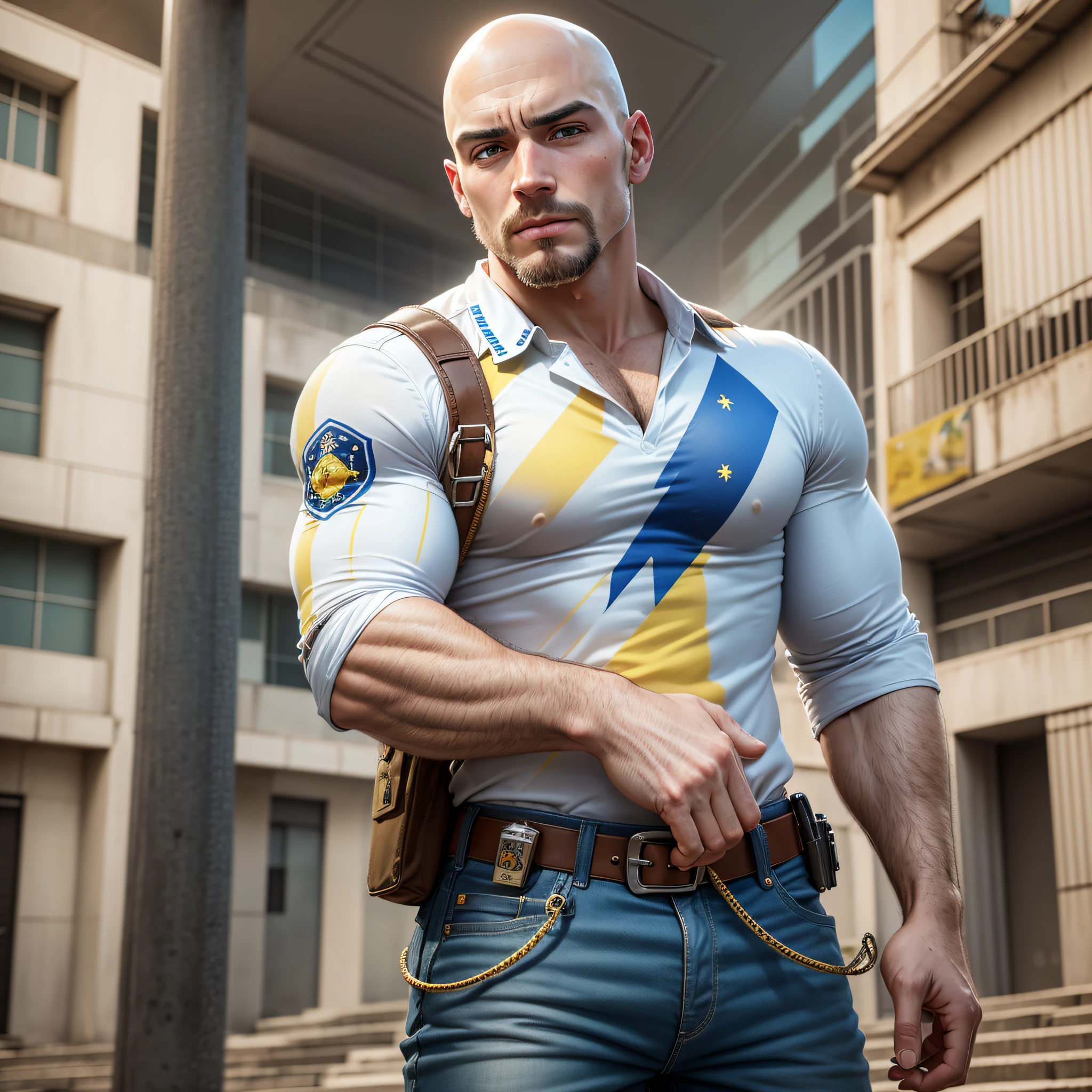 Create a white man in the style of realistic art, bald, with goatee, dark brown eyes, well-defined eyebrows, wearing a blue, white and yellow shirt, with the flag of Brazil, wearing a tactical pants and military boot. The man will be standing looking at the national congress of Brazil that is in the federal district. --auto --s2