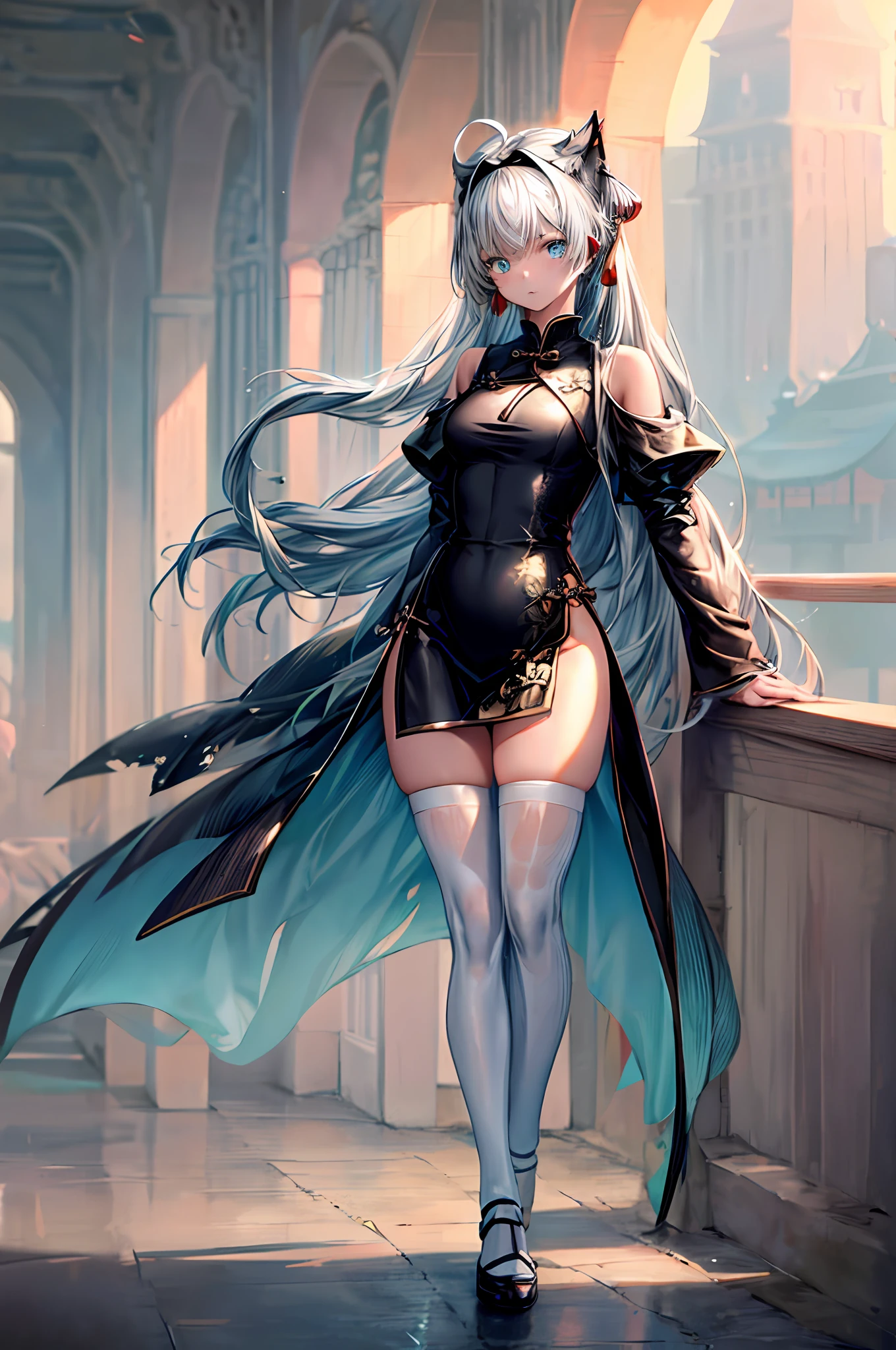 (1girl), overexposed, (wet clothes), solo, ultra-detailed, illustration, full body, detail accessories, (best quality), ((masterpiece)), (very detailed 4k cg), very detailed wallpaper, (very delicate and beautiful), arknights_mint, long hair, gray hair, blue eyes, black ribbon, catwoman, headband, ribbon, bangs, ahoge, {(((China_dress)))}, Highleg, thick thighs, white leggings, arms behind the back,