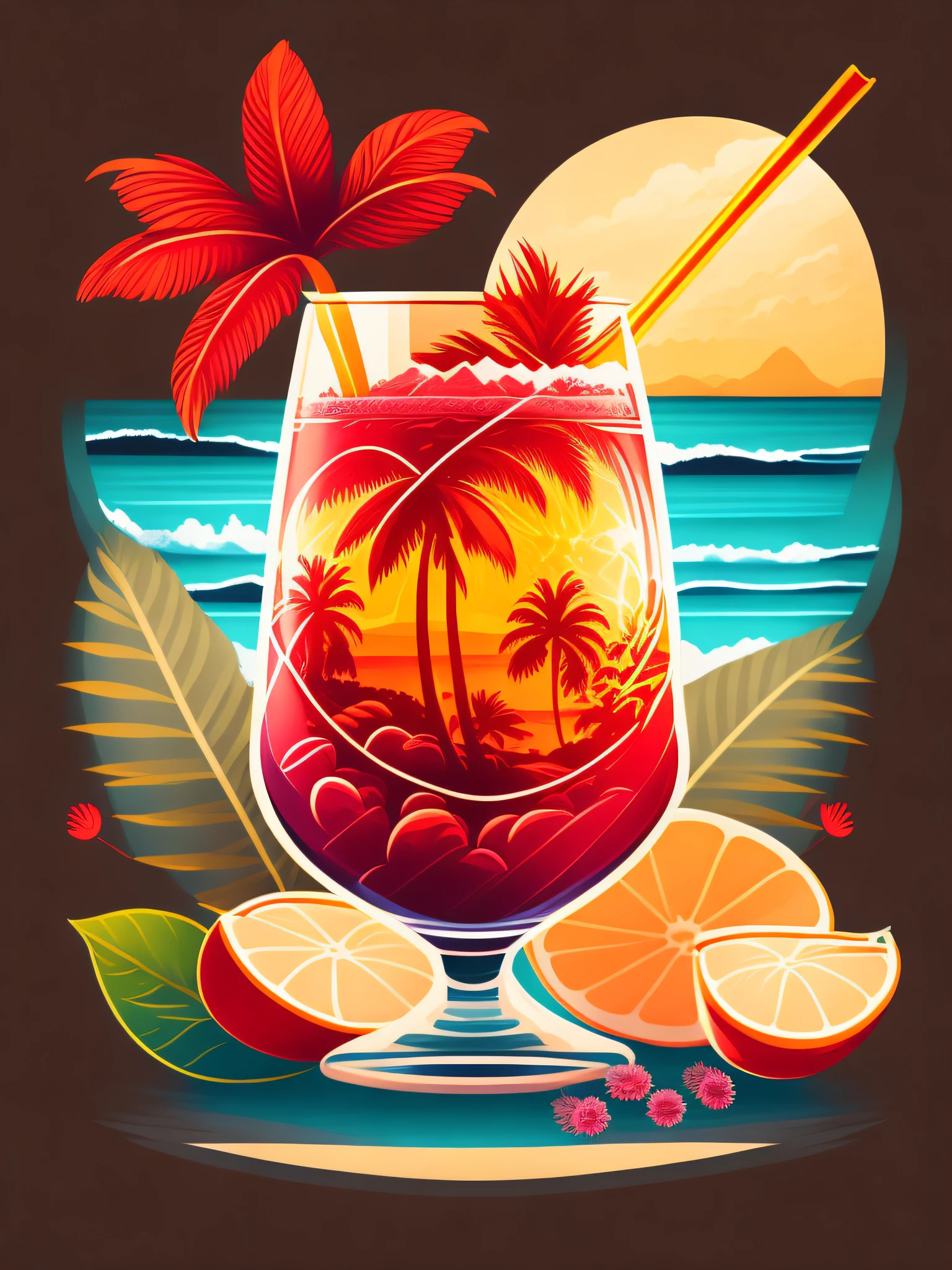 T-shirt design, rzminjourney, vector art, summer design, hot place like hawaii, no logo Cocktail glass glass of sangria whiskey glass fundo cartaz cor branco, gelo em cubo