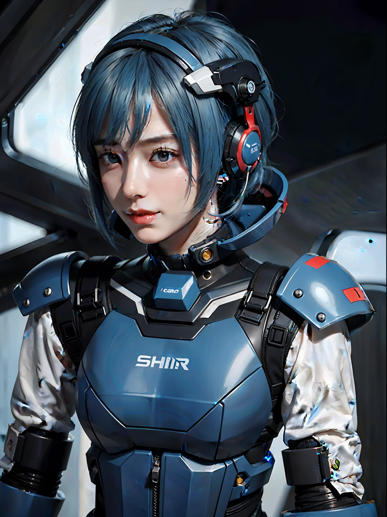 Mechanical, mecha, one person, solo, short hair, profile, upper body, sci-fi, smile, blue hair, (headgear:1), technical background,