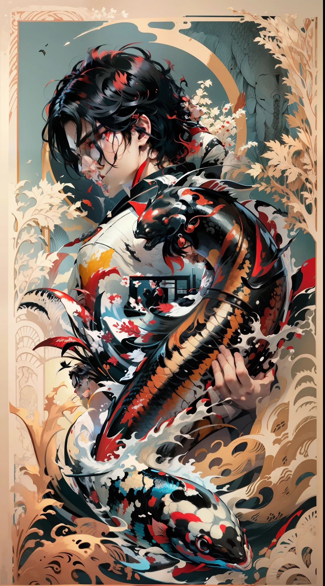Black haired boy with a huge koi on his back, predominantly blonde, red and white, poster, shadow flat illustration, digital art, artstation trend, fine details