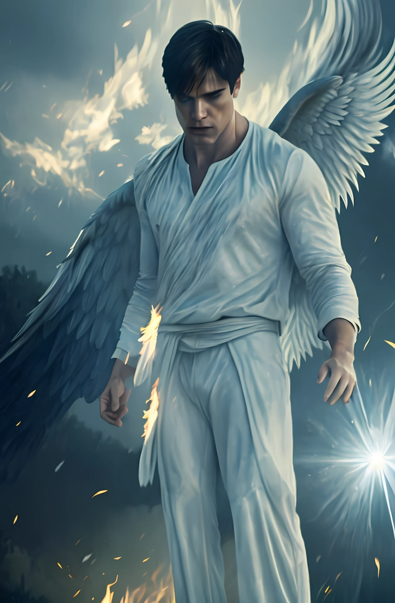 8k, best quality, masterpiece:1.2), gabriel, male british male angel with dark hair, evil, dark look, white wings, , angel, bright bright light in the background, details, white linen clothes, sky theme, fire falling from the sky, flaming wings