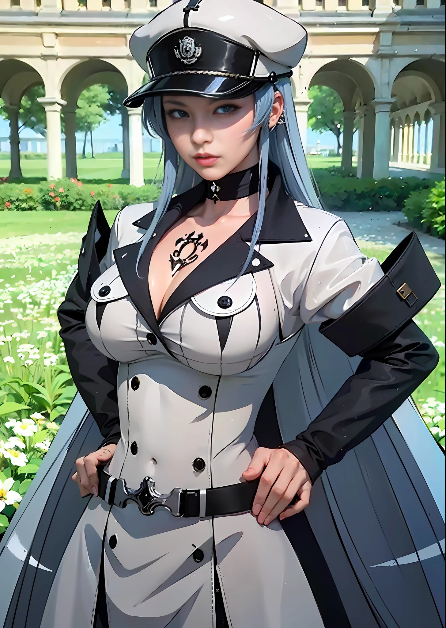 (32k, RAW photo, best quality, masterpiece:1.2), (realistic, photo-realistic:1.37), professional lighting, photon mapping, radiosity, 1girl, upper body, medium shot, large breast, tomoe tattoo in the middle of her chest, standing in a position with both hands touching the waist, looking at viewer, high quality, ultra detailed, highres, 8k, accurate color reproduction, realistic texture, ((wearing white formal corporal, white corporal skirt, black and white navy hat)), (extra deatailed), (best quality), 1girl, esdeath ((extra deatailed body:1.3)), (realistic), 28 years old, long blue hair, blue eyes, daylight, pale skin, detailed chignon hair, flower garden and palace grounds, (realistic glistening skin:1.2), skindentation, masterpiece, best quality, high resolution scan, (photo by Canon 5d, 50mm ZEISS lens), hourglass proportions, (8k uhd, hdr, dof), (professionally color graded), sharp focus, natural lighting,