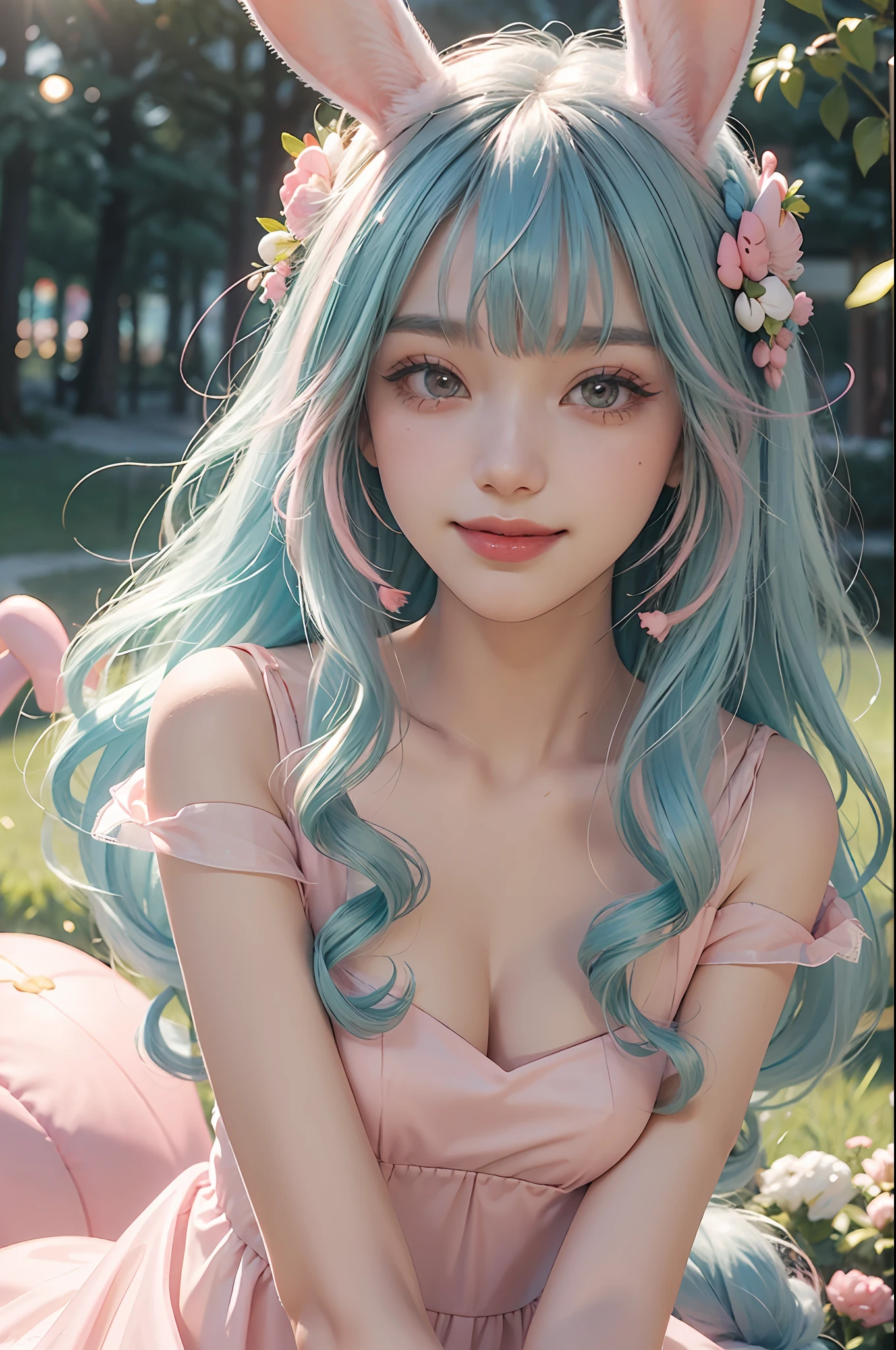 (Fluorescent color: 1.4), (Translucent: 1.4), (Vintage filter: 1.4), (Fantasy: 1.4), Candy World Disneyland Ethereal Soft Fluffy Soft Landscape Forest Snowflake Pale Pink Sky Green Blue Hair, ((Coiled Hair)), Light Blue, Sparkling Ethereal Light Soft Whimsical Light Diamond Sparkle Gemstone Background Ultra Realistic Ultra-high quality cinematic lighting Huge details Full HD painting Well lit, diagonal bangs,
Collared dress, sides
Masterpiece, Best Quality, Real Skin, (Portrait: 1.5), 1 Girl, Blunt Bangs, Long Hair, Sea of Flowers, Smell Flowers, Wear Flowers on Head, ((Smiling)), (Red Lipstick), (Blush), ((Shy)), Eyelashes, Eyeliner, Makeup, Short Hair, ((Pink Rabbit Ears))