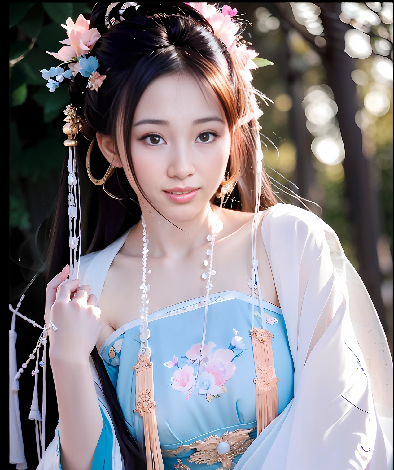 (Masterpiece: 1.0), (Best Quality: 1.4), (Ultra High Resolution: 1.2), (Fine Illustration: 1.4), (8k, RAW Photo: 1.2), (Soft Focus: 1.4), (Sharp Focus: 1.4), (Korea: 1.0), (China: 1.0), (Liu Yifei: 1.3), Ultra-realistic 8k Game CG, Masterpiece, Sunlight, High Quality, Pale Skin, Outrageously Long Brunet, Blue Eyes, Fantasy, Looking at the Audience, Portrait, Film Lighting, Film Bloom, Soft Light , Upper body, Lips, (Masterpiece: 1.4), (Best quality: 1.4), (Shiny skin), Huge breasts, Juice, Puffiness, Large areola, Huge, Round eyes and long hair, symmetrical face, perfect skin, volumetric lighting, stunning environment, highly detailed, ultra-realistic, thick lips, beautiful lips, symmetrical, (yellow skin tone), warm tones, black hair, complex hair accessories, earrings, bracelets, (choker: 1, 3), accessories, hair accessories, big breasts, (flower background ), external shooting,