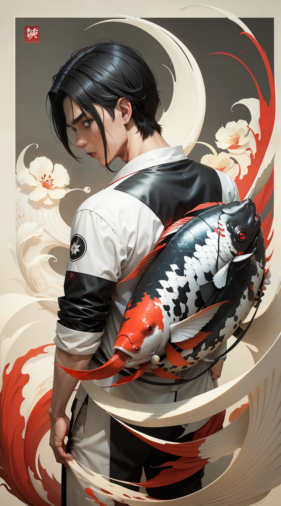 Black haired boy with a huge koi on his back, predominantly blonde, red and white, poster, shadow flat illustration, digital art, artstation trend, fine details