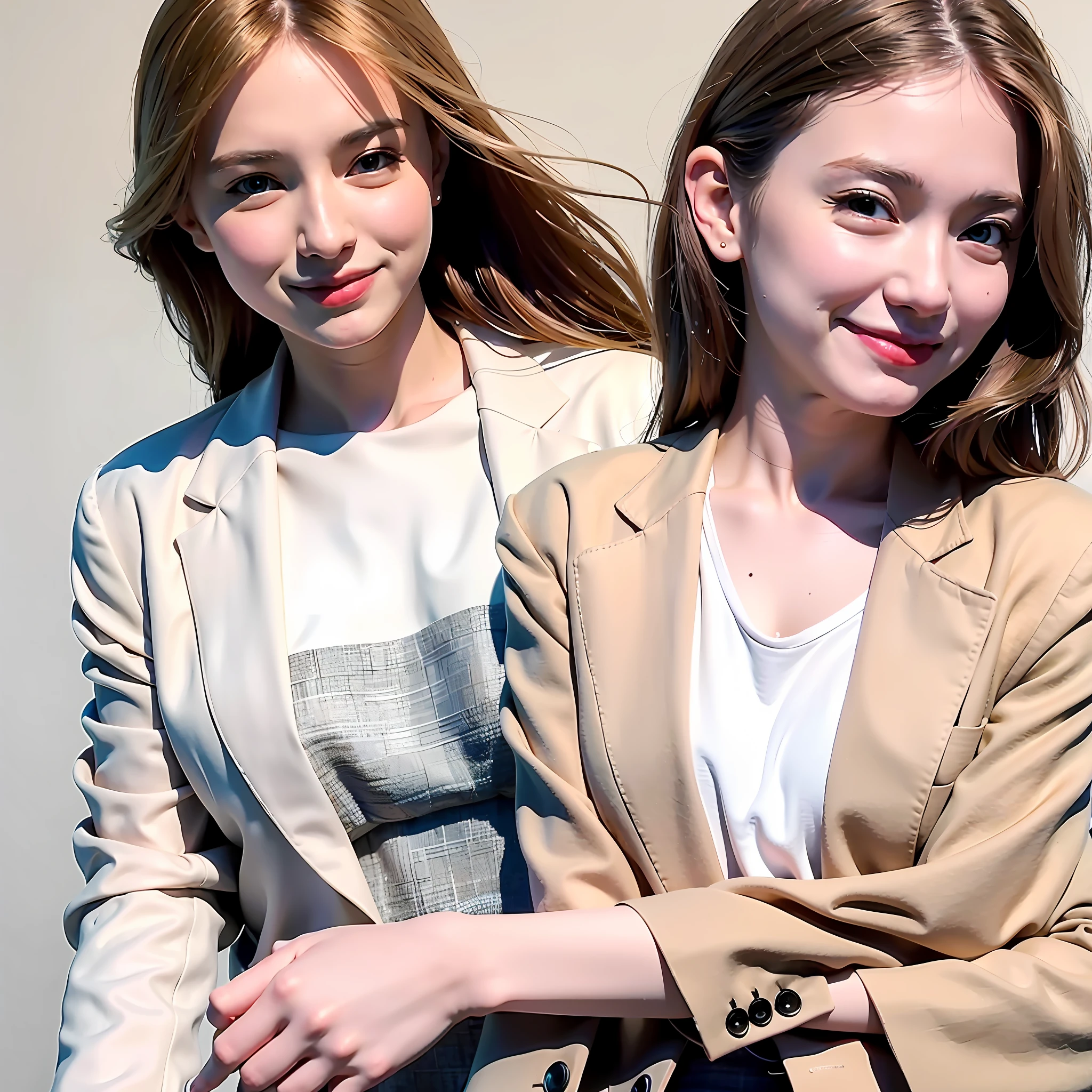 mix4, (raw photo), (best quality), (photorealistic), (simple white background: 1.2), , girl, upper body, high detail face, smile, [ash blonde | ginger | brown grey hair], fujifilm xt3, beige, camel, silver, High-waisted trousers in neutral tones such as blue are paired with a silk blouse and structured blazer for a sophisticated and powerful look.