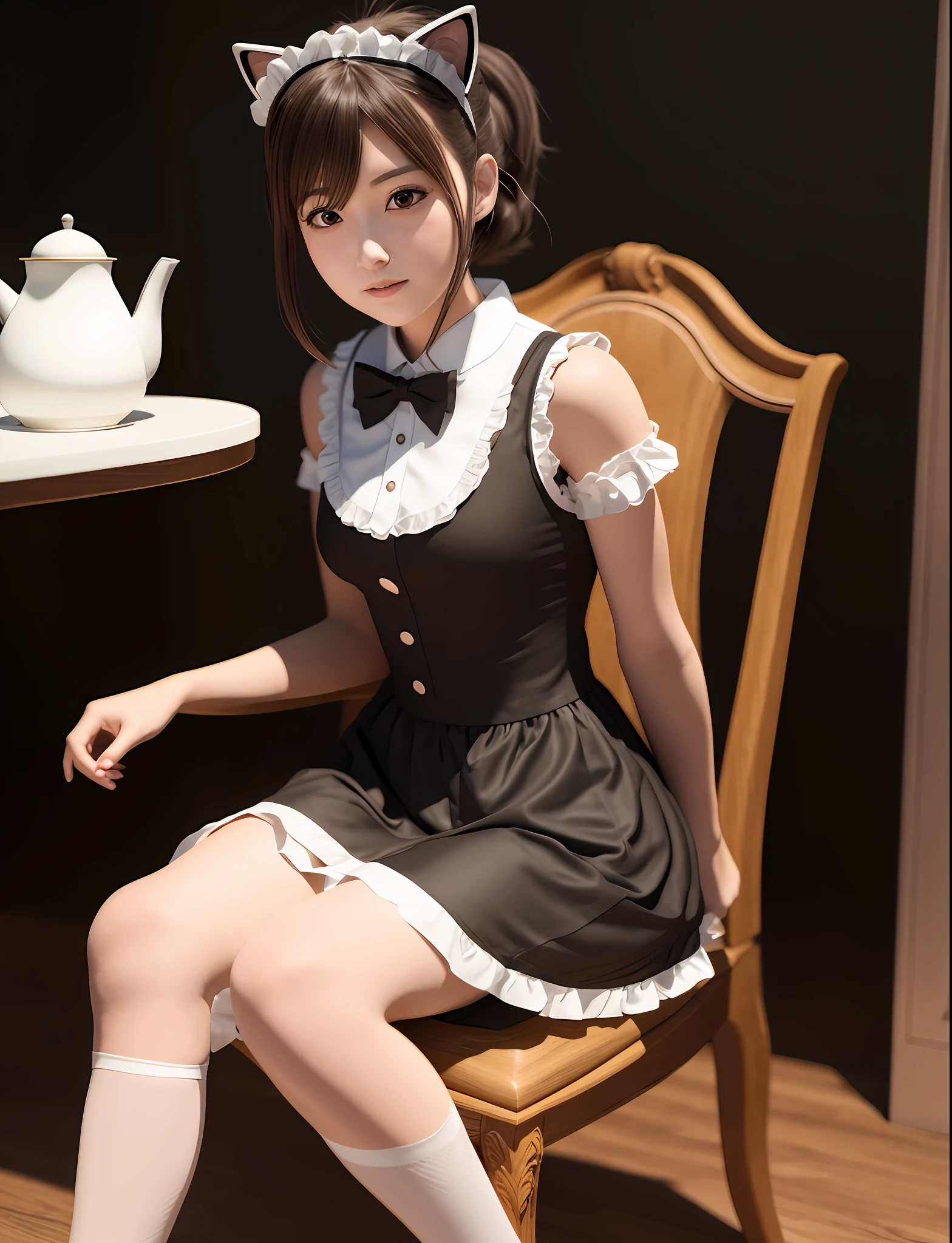 araffe dressed in a maid outfit sitting on a chair with a tea pot, anime girl in a maid costume, gorgeous maid, maid outfit, anime girl cosplay, seductive anime girl, anime cat girl in a maid costume, maid dress, mysterious coffee shop girl, photorealistic anime girl render, beautiful alluring anime woman, 3d anime girl