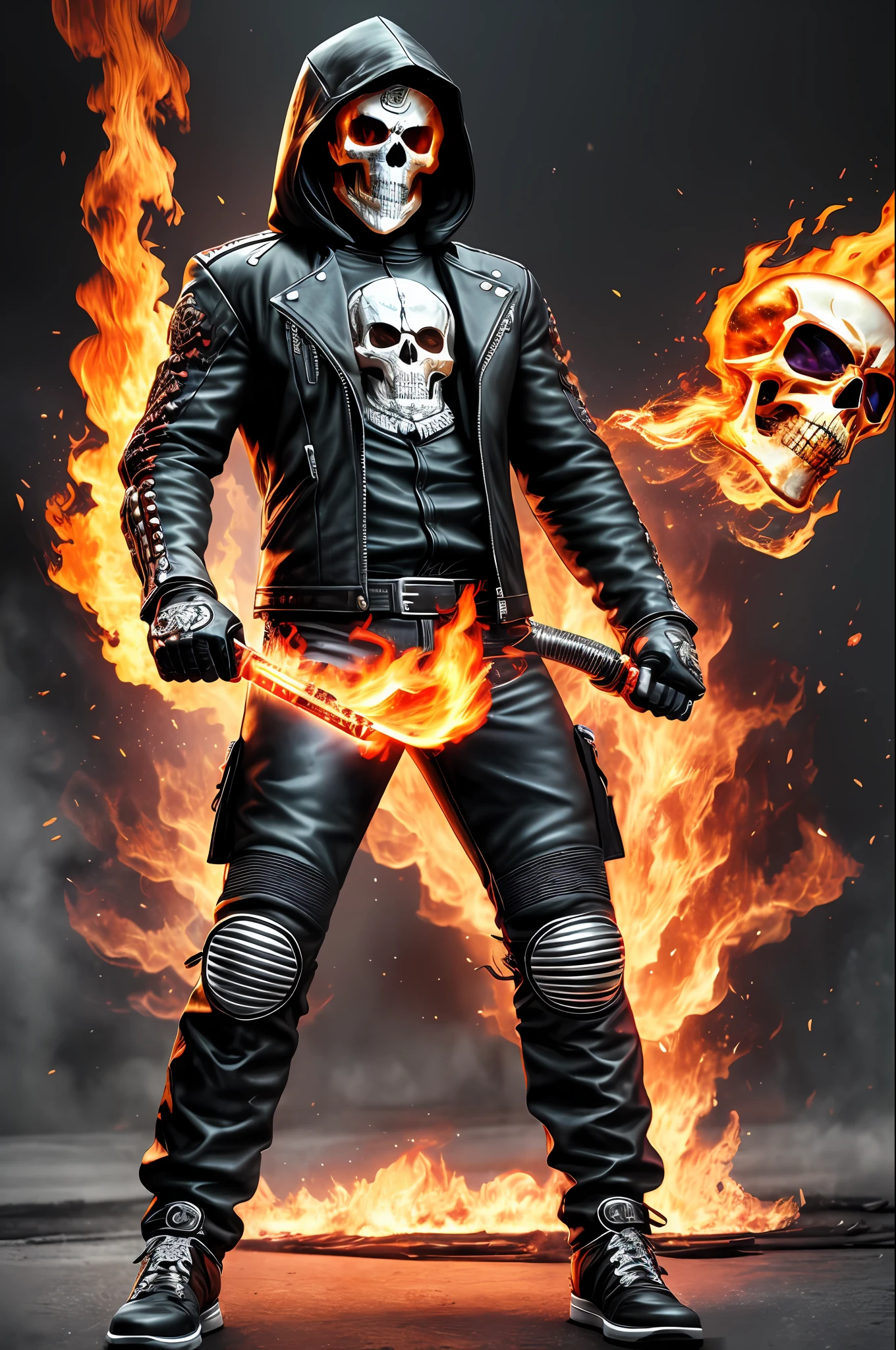 (extremely detailed 8k wallpaper), a full body photo showing his full profile ghost rider in a not too muscular motorcycle jacket, high detail, dramatic, with flaming skull head and flaming harley motorcycle ghost rider style, shirt hooded with bruised face end of the world vibe --auto --s2