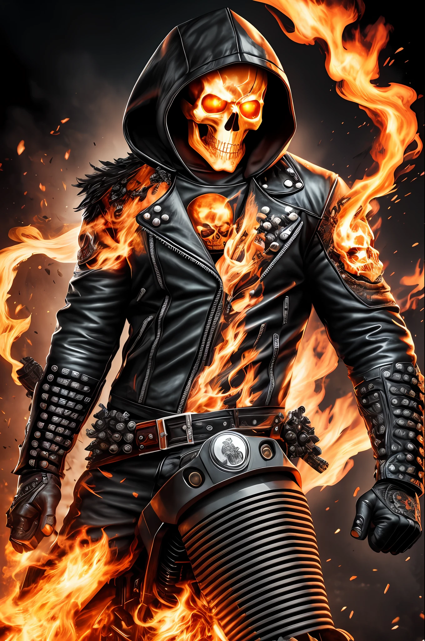 (extremely detailed 8k wallpaper), a full body photo showing his full profile ghost rider in a not too muscular motorcycle jacket, high detail, dramatic, with flaming skull head and flaming harley motorcycle ghost rider style, shirt hooded with bruised face end of the world vibe --auto --s2