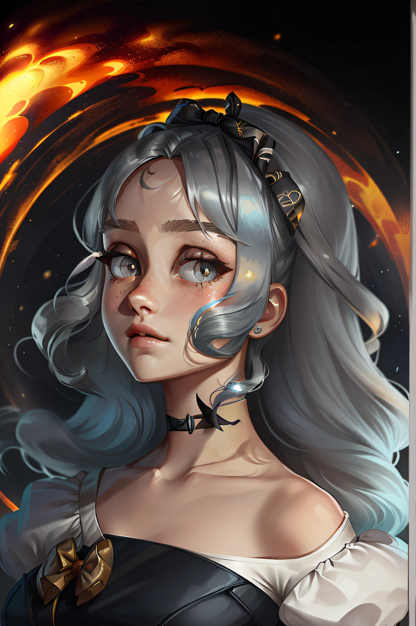 masterpiece, exquisite, illustration, {beautiful and meticulous girl}, beautiful and detailed halo, (fire of war: 1.2), (nuclear explosion behind: 1.3), rain, detailed lighting, detail water, (beautiful and detailed eyes: 1.1), expressionless, palace, sky blue hair, scattered hair, long bangs, eyebrows, (white-gray dress: 1.1), black ribbon, white bow tie, upper abdomen, big forehead, dull, flower, long sleeves