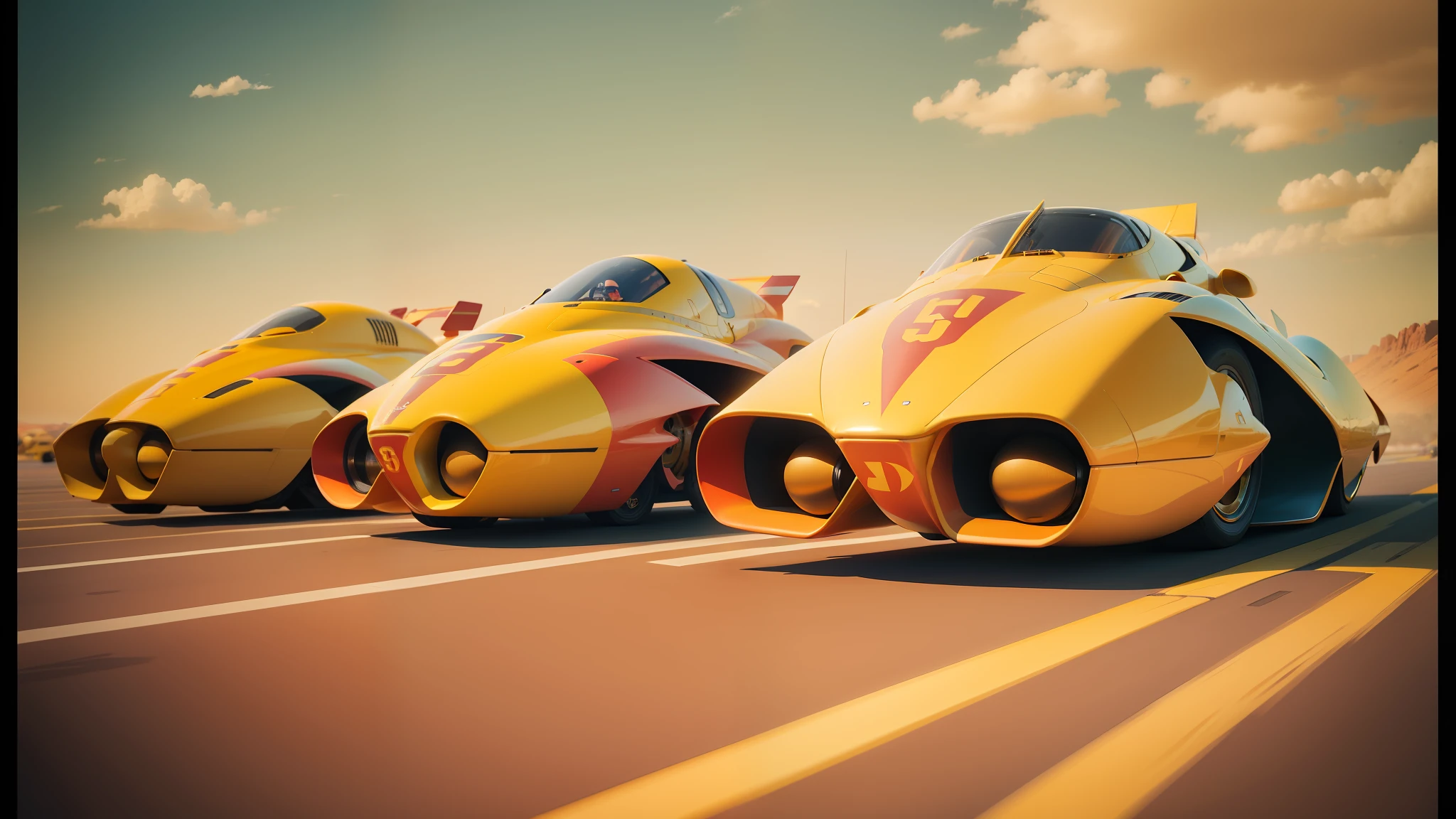 three yellow and red cars are lined up on the tarmac, stunning sci-fi concept art, gryphon, speed racer, ue5 render, f 4, inspired by Hanna-Barbera, featured on vimeo, orange yellow, barbarella, blender cycles, imet2020, prototype, thunderbird 2, by Roy Petley