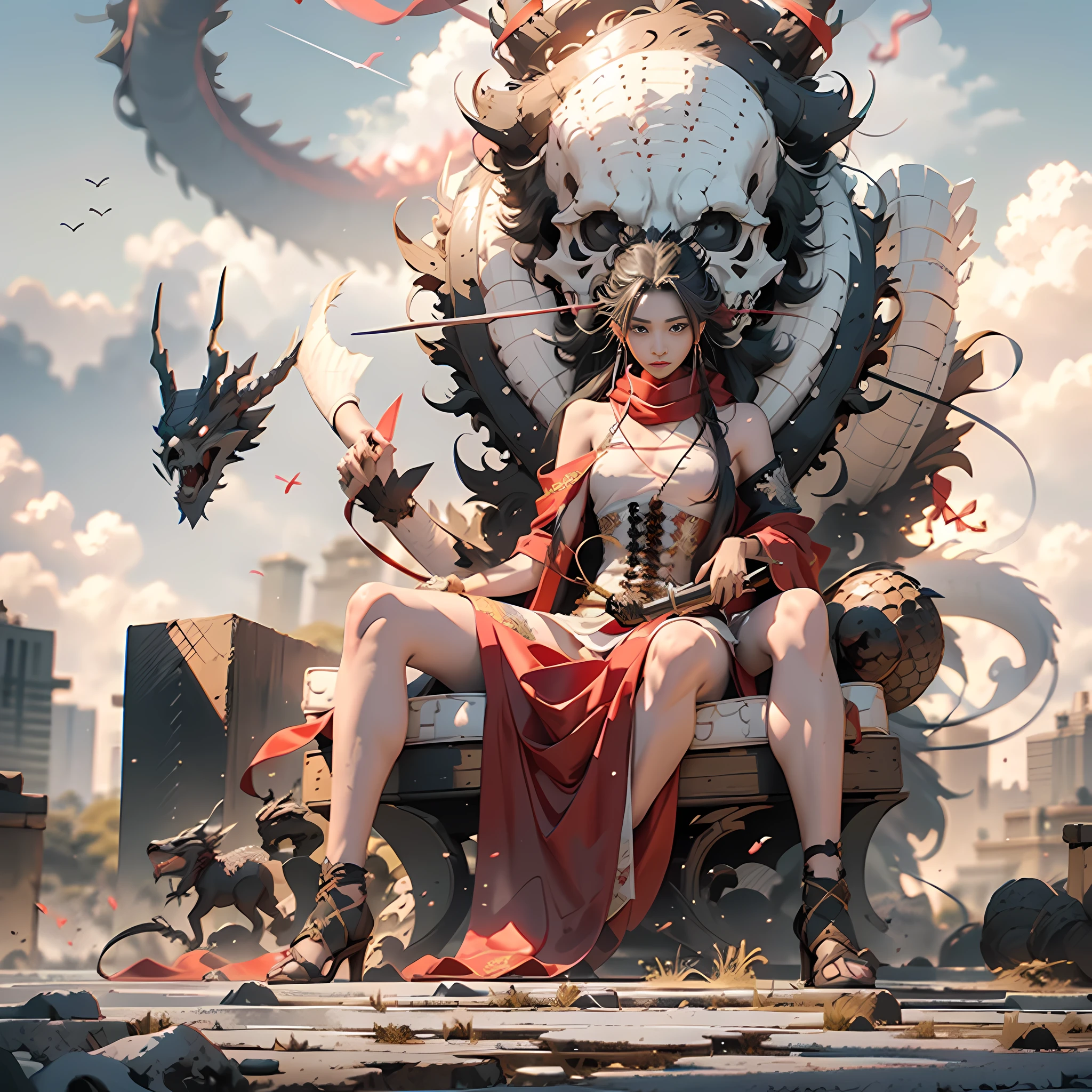 Picture high quality 8K, ((Chinese style, white long hair tied in ponytail, gorgeous brocade guard, red scarf with the wind, young woman: 2.5, , throne, fire: 1:1, ice: 1:1, facial details: 1.5, )), expression painting, delicate and beautiful woman, long sword stuck on the ground, sitting on a skeleton throne that has escaped most of the shell, the sword is surrounded by human skulls, black dragon flying behind, creativity is dark.