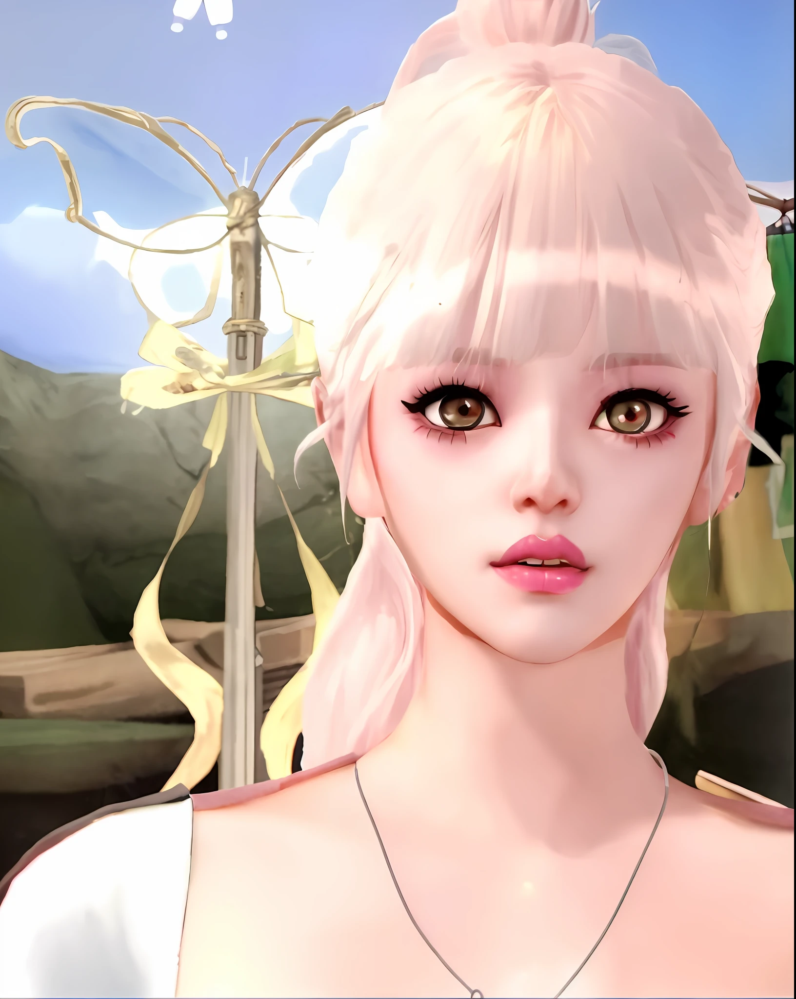there is a woman with pink hair and a necklace in a room, inspired by Sim Sa-jeong, second life avatar, imvu, inspired by Yun Du-seo, inspired by Ren Renfa, inspired by Jin Nong, inspired by Lü Ji, with very highly detailed face, skydoll noa, secondlife, inspired by Jeong Seon