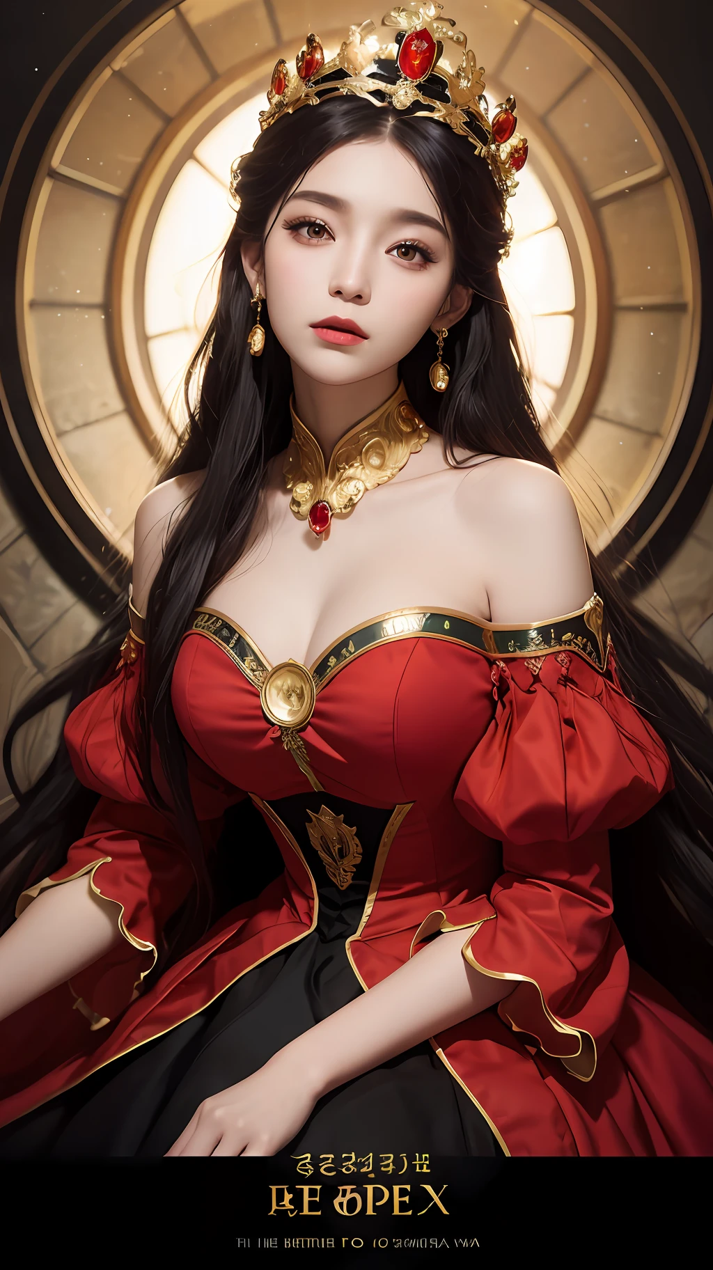 1 beautiful princess, In the Dark: 1.6), surreal female portrait by David Hockney and Alphonse Mucha, fantasy art, korea doll, photorealism, dynamic lighting, artstation, poster, volumetric lighting, very detailed faces, 8k ultra, all body, Awarded, in the dark, deep shadow, low key, cowboy lens, (Red phoenix dress: 1.4), long hair, black hair, bust, luxurious palace, Royal style, Princess crown, Big round black eyes, style Royal, The most beautiful face, big and regular breasts, Super realistic,