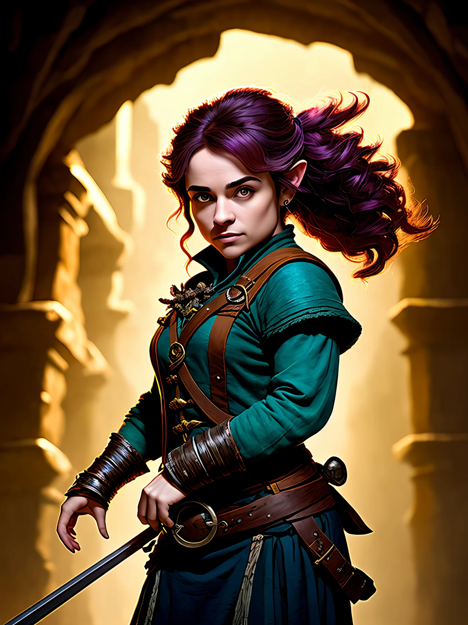 a woman halflings bard, short stature, fully clothed, in a dungeon, masterpiece, best quality, high contrast, soft lighting, backlighting, blooming, light glows, chromatic aberration, smooth, sharp focus