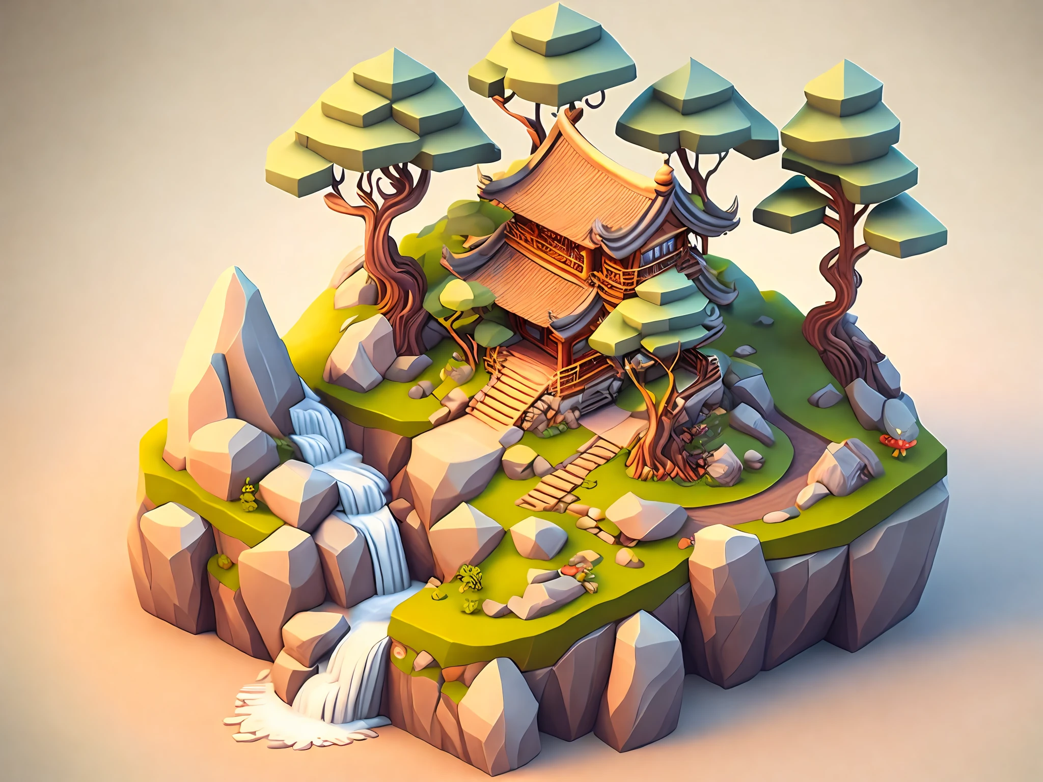 isometric house, China style house, trees, rocks Penjing, waterfall on penjing, small bonsai trees, RPG style, cartoony, DnD, fantasy, mobile game