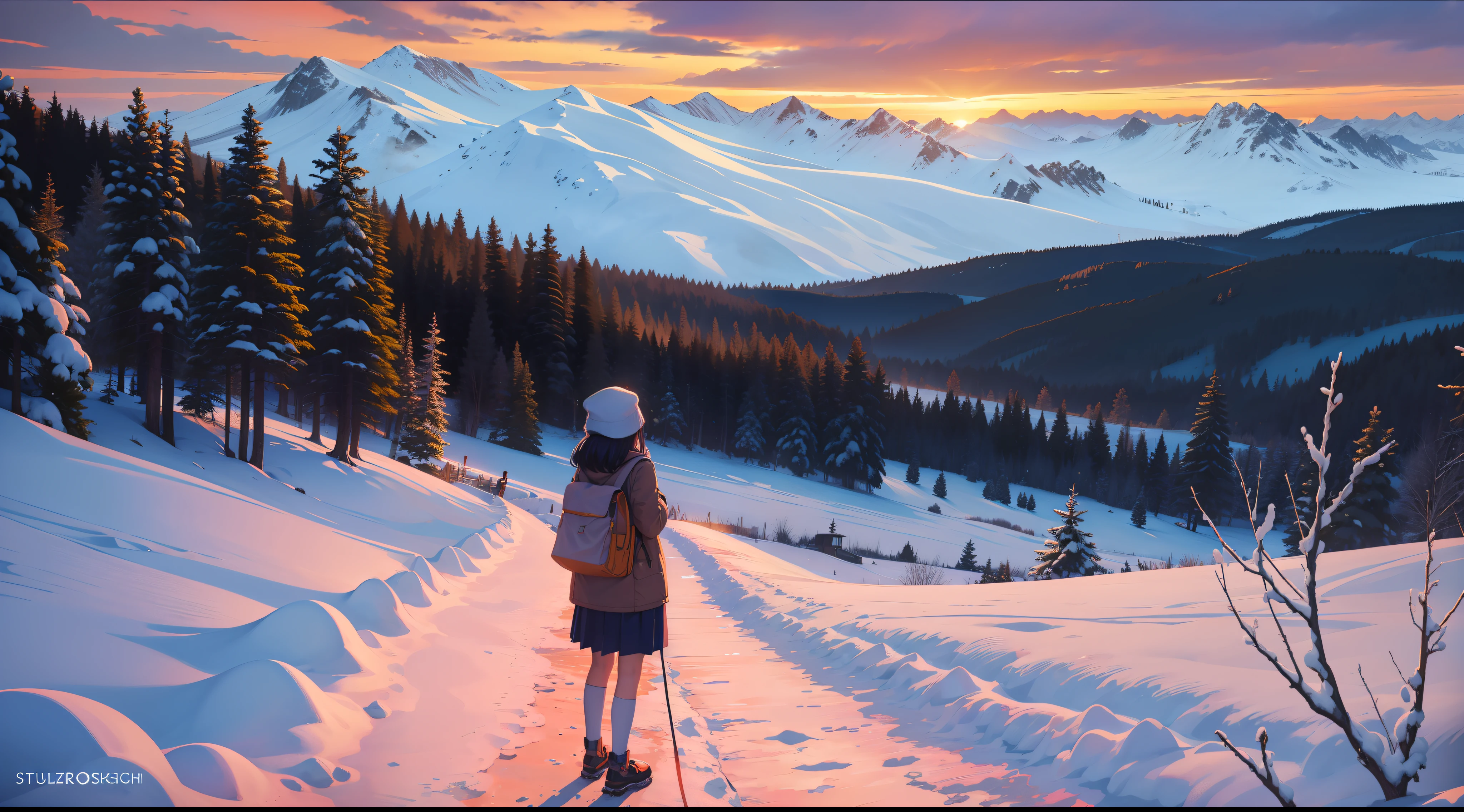 A girl, standing in the snow, sunset, sunset, side face, close-up, surrealism, inspired by Yuriko Ishida, Suzu Hirose, Misakura Imada, Mai Shiraishi, Kyoko Fukada, Miha Hamabe, Rina Hashimoto, Satomi Ishihara, Surrealism, drop shadow, anaglyph, stereogram, tachi-e, pov, atmospheric perspective, 8k, super detail, ccurate, best quality，