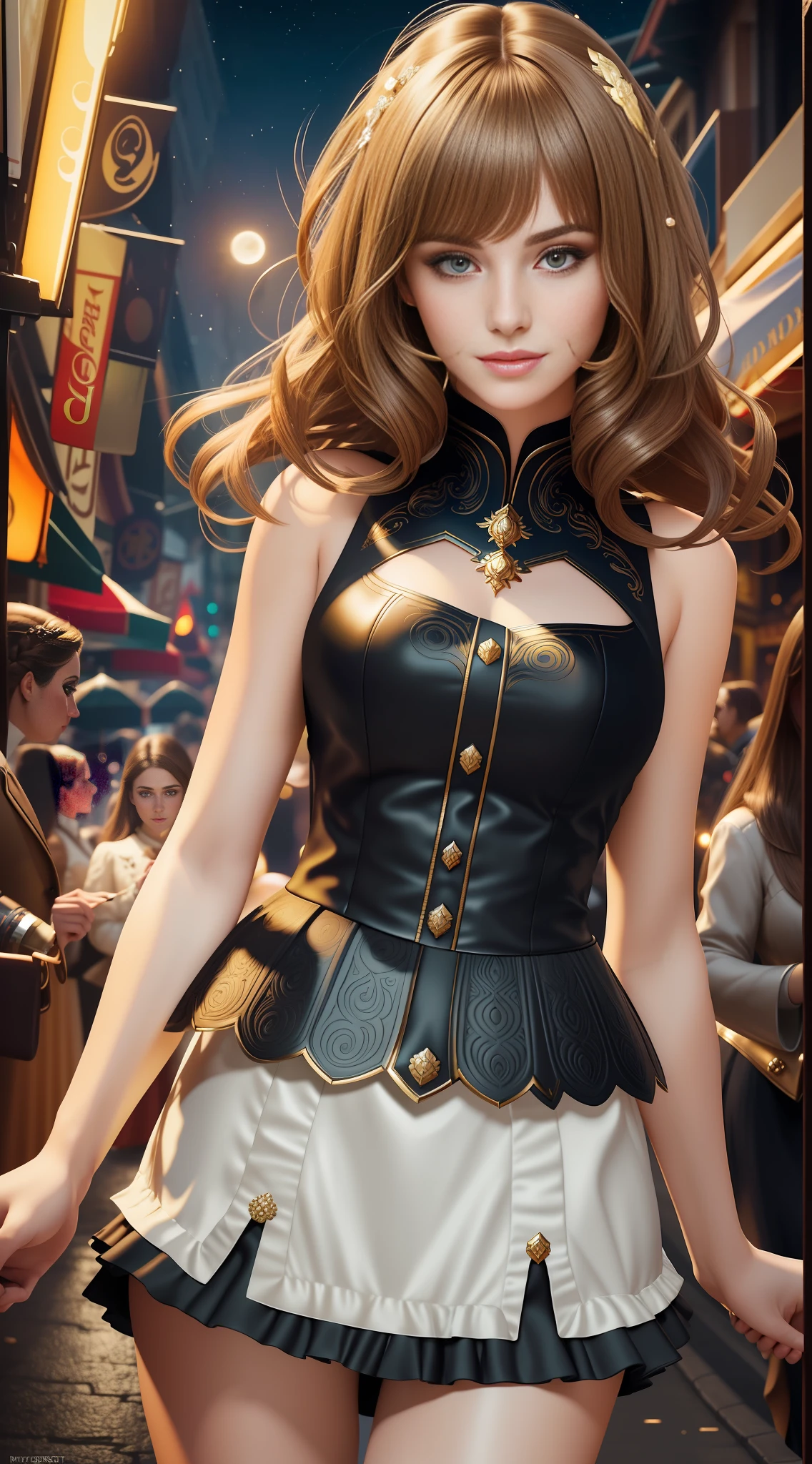 best quality, masterpiece, ultra resolution, (unreal engine: 1.4, realistic: 1.4), original photo, masterpiece, best quality, super detail, Illustrations, (bust shot, street, moon light), masterpiece, 1girl, solo exhibition, beautiful woman on bustling street, surrounded by vendors, beautiful goddess girl portrait, beautiful and detailed face, porcelain skin, ((bust lens, center, night, brunette hair, short hair)), super soft lighting, symmetry, complexity, elegance, high detail, realism , art, concept art, smile, fantasy costume, super fine costume,