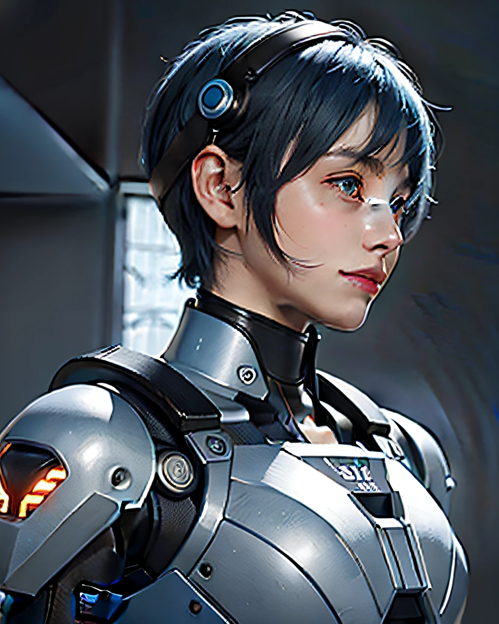 Mechanical, mecha, one person, solo, short hair, profile, upper body, sci-fi, smile, blue hair, (headgear:1), technical background,