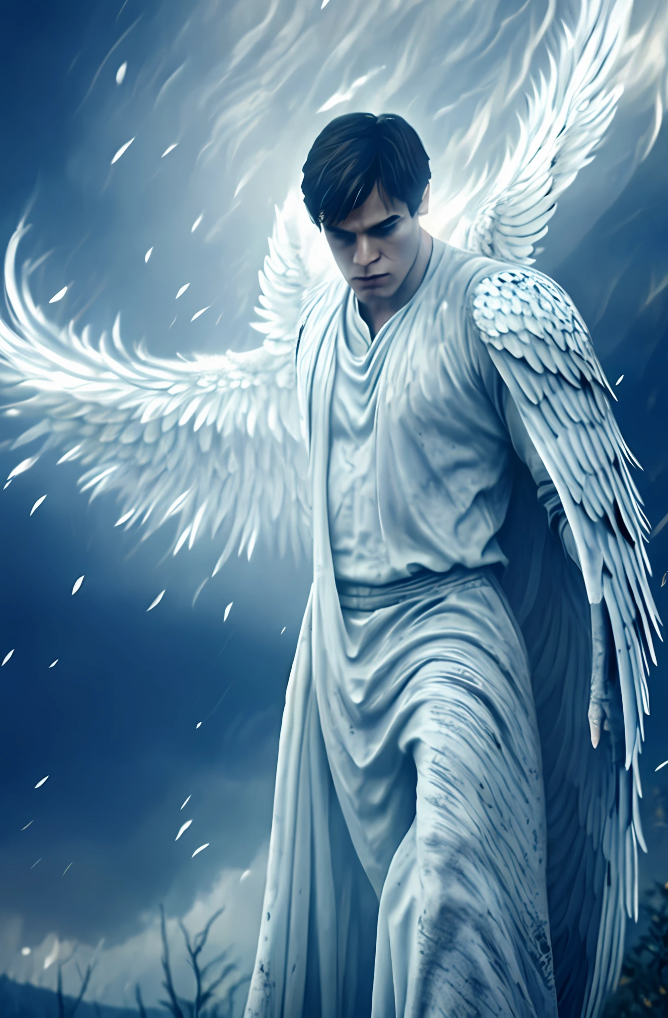 8k, best quality, masterpiece:1.2), gabriel, British male male angel with dark hair, evil, dark look, white wings, , angel, bright bright light in the background, details, white linen clothes, sky theme, burning wings, fire falling from the sky.