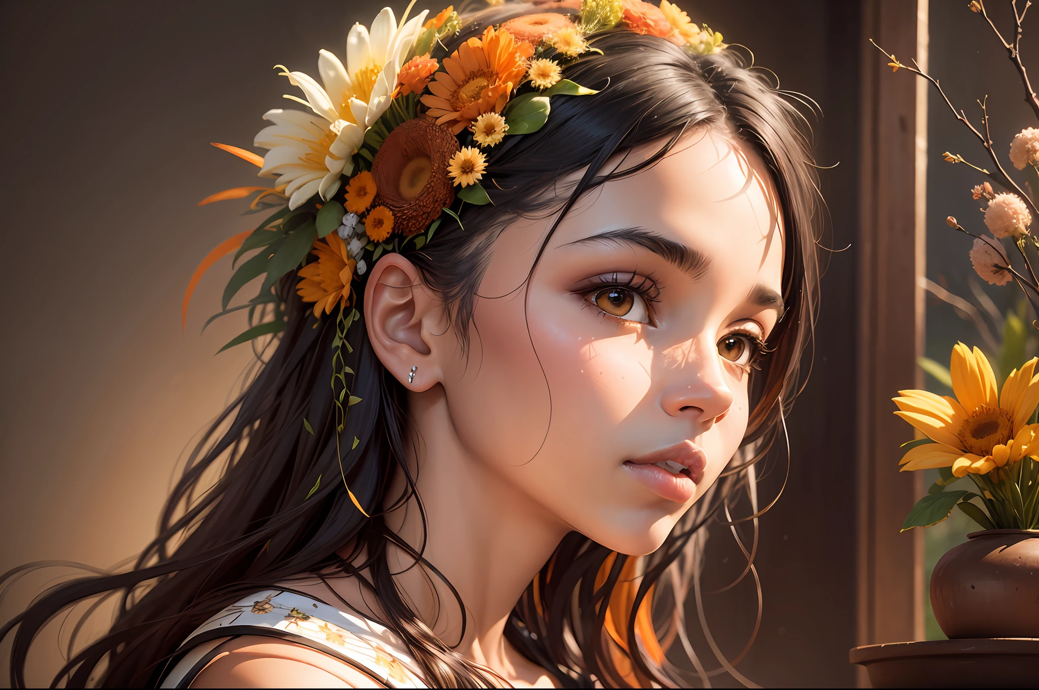 a biracial woman in flowers on display, in the style of sharp/prickly, light orange and brown, environmental portraiture, melting pots, uhd image, tangled nests, tondo --auto --s2