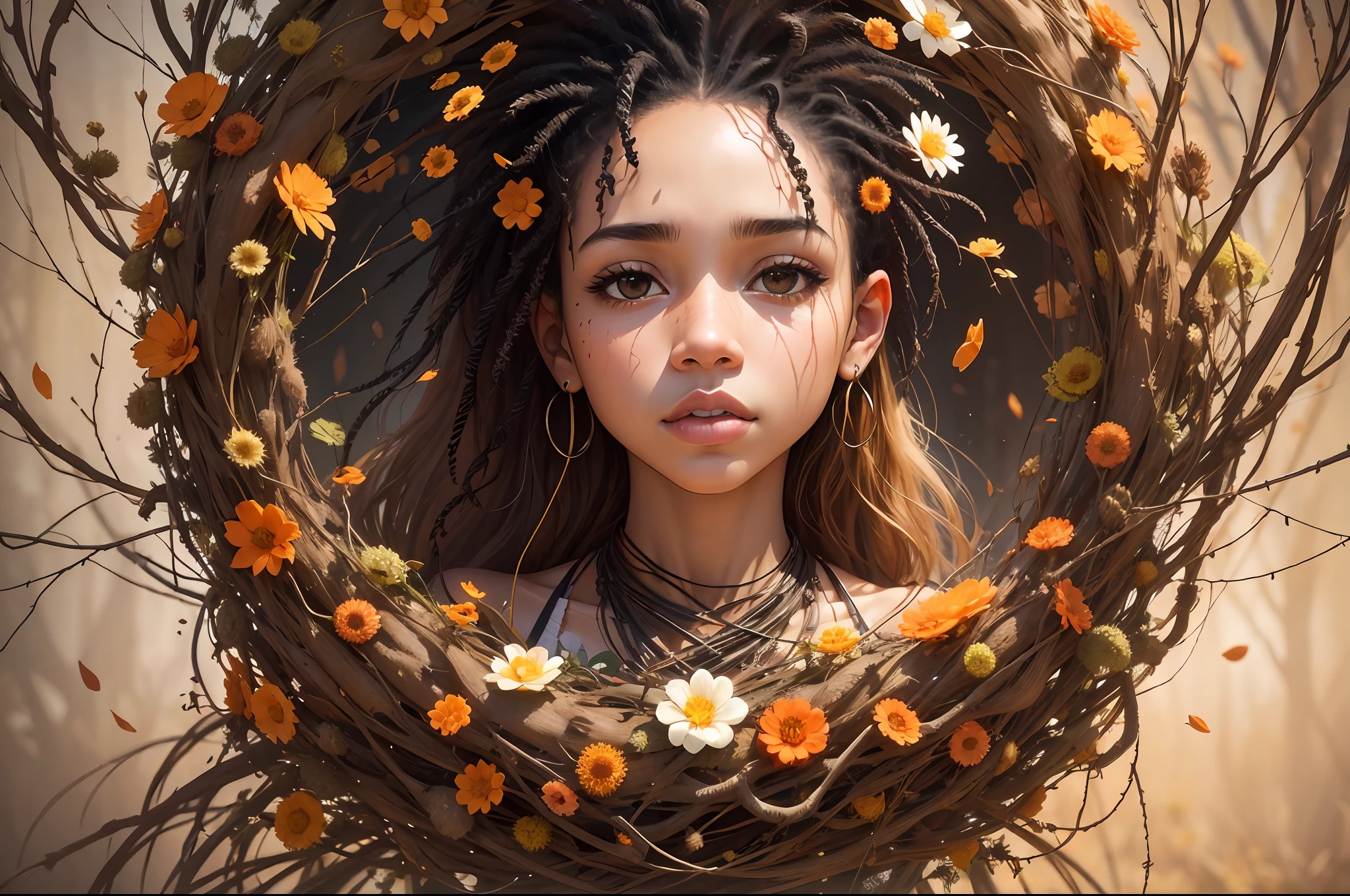 a biracial woman in flowers on display, in the style of sharp/prickly, light orange and brown, environmental portraiture, melting pots, uhd image, tangled nests, tondo --auto --s2