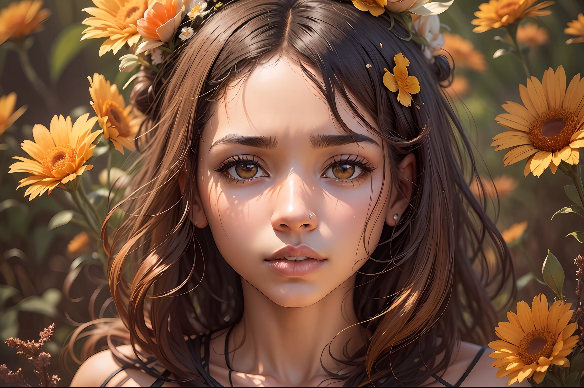 a biracial woman in flowers on display, in the style of sharp/prickly, light orange and brown, environmental portraiture, melting pots, uhd image, tangled nests, tondo --auto --s2