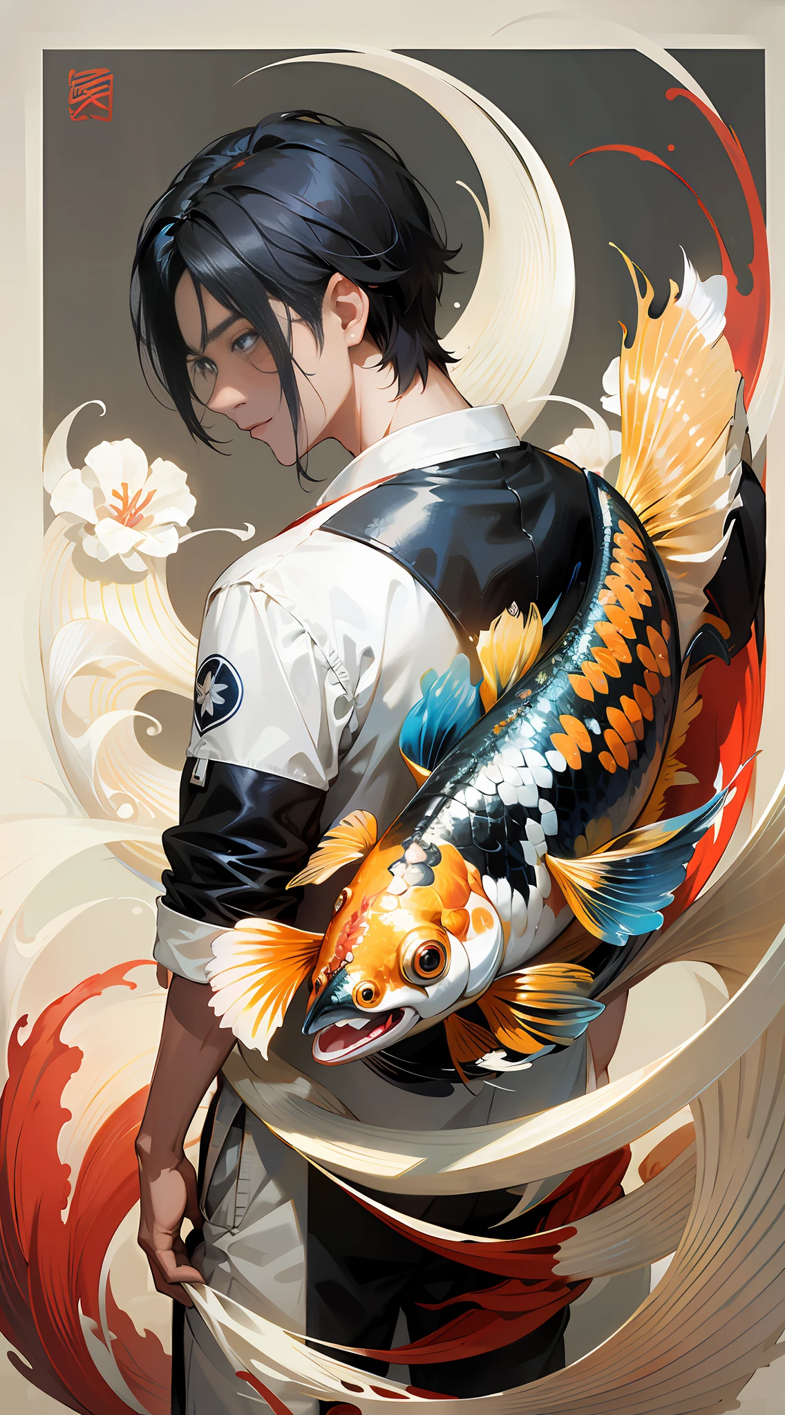 there is a man that is holding a fish in his hand, by Yang J, inspired by Kanō Naizen, ross tran 8 k, takato yomamoto. 4 k, beautiful digital artwork, inspired by Koson Ohara, ross tran style, masayoshi suto and artgerm, by Russell Dongjun Lu, inspired by Yanjun Cheng