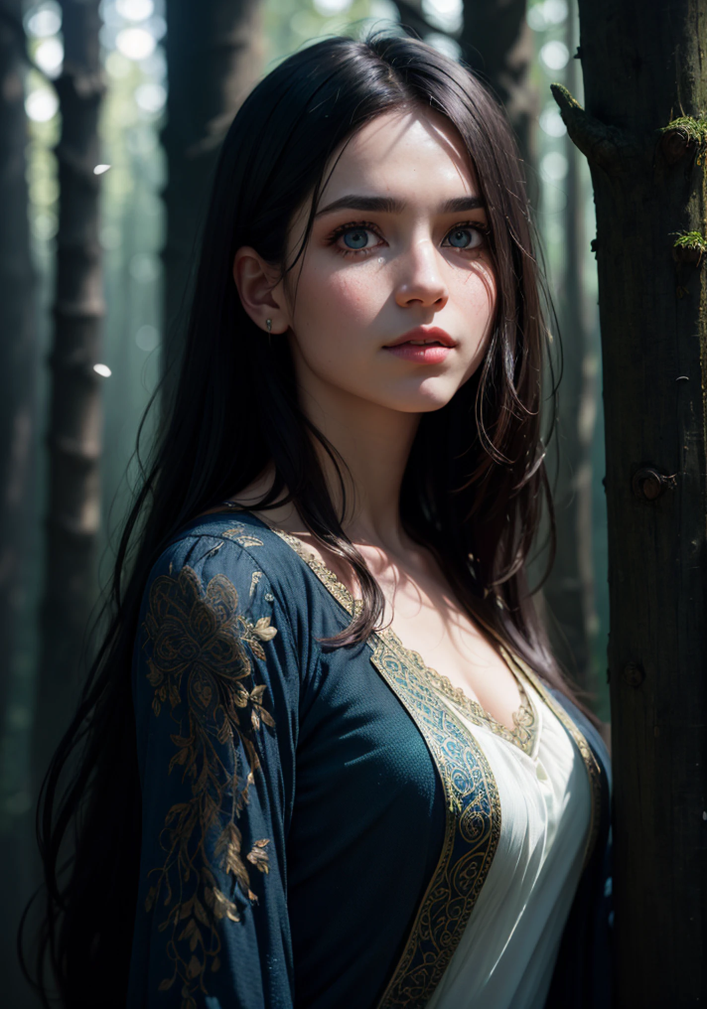 epic realistic, (dark shot:1.4), 80mm, Create a portrait of a woman with long, dark hair. She has a mysterious expression, gazing at the viewer with a slight tilt of her head. She is simply dressed, with an arm wrapped around a tree branch that also resembles a brain cell. The background features a forest of blue, impressionistic leaves, with an eerie white light shining through and a gradient shadow on the top part of the woman's face. Use a backlighting effect to add depth to the image. impressionistic painting style, john singer sarget, anders zorn, blue pallette, wider show with more background and forest, (natural skin texture, hyperrealism, soft light, sharp:1.2), soft light, sharp, exposure blend, medium shot, bokeh, (hdr:1.4), high contrast, (cinematic, teal and orange:0.85), (muted colors, dim colors, soothing tones:1.3), low saturation, (hyperdetailed:1.2), (noir:0.4), (intricate details:1.12), hdr, (intricate details, hyperdetailed:1.15), faded, (neutral colors:1.2), art, (hdr:1.5), (muted colors:1.1), (pastel:0.2), hyperdetailed, (artstation:1.4), warm lights, dramatic light, (intricate details:1.2), vignette, complex background, rutkowski,