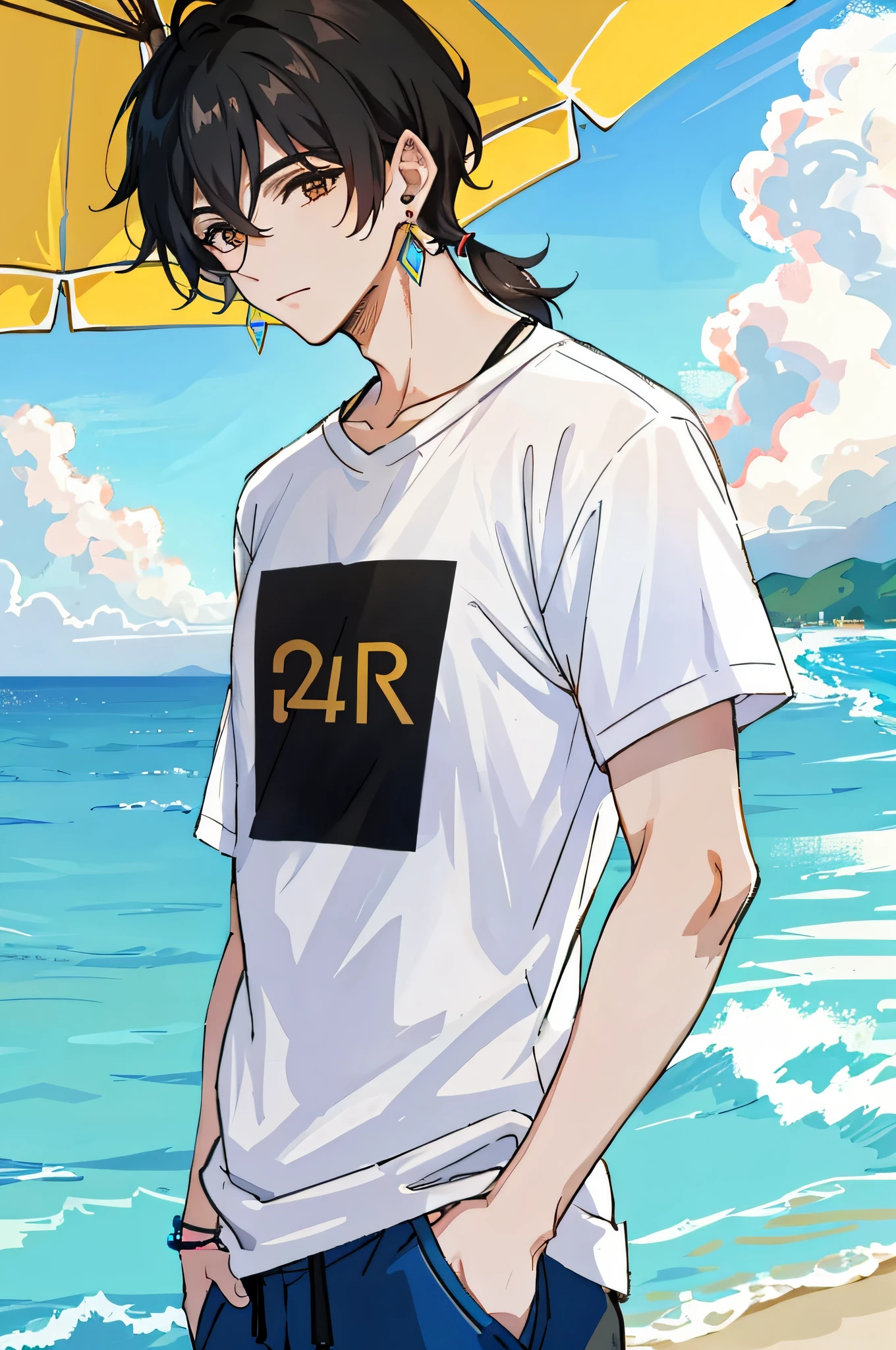 (4k) masterpiece, beautiful, sunny beach background, man with short mullet hair, earrings, wearing t-shirt