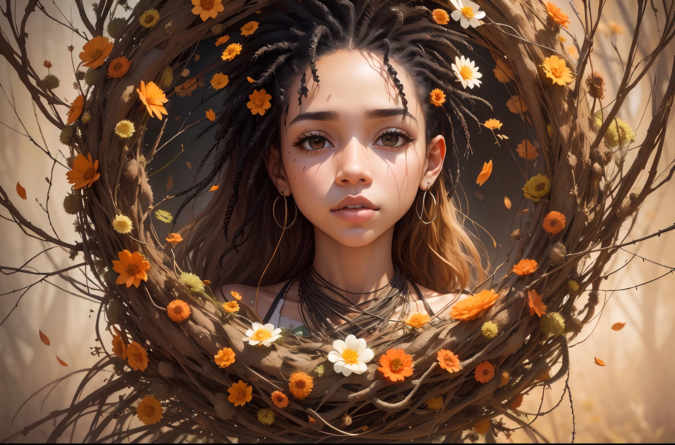 a biracial woman in flowers on display, in the style of sharp/prickly, light orange and brown, environmental portraiture, melting pots, uhd image, tangled nests, tondo --auto --s2