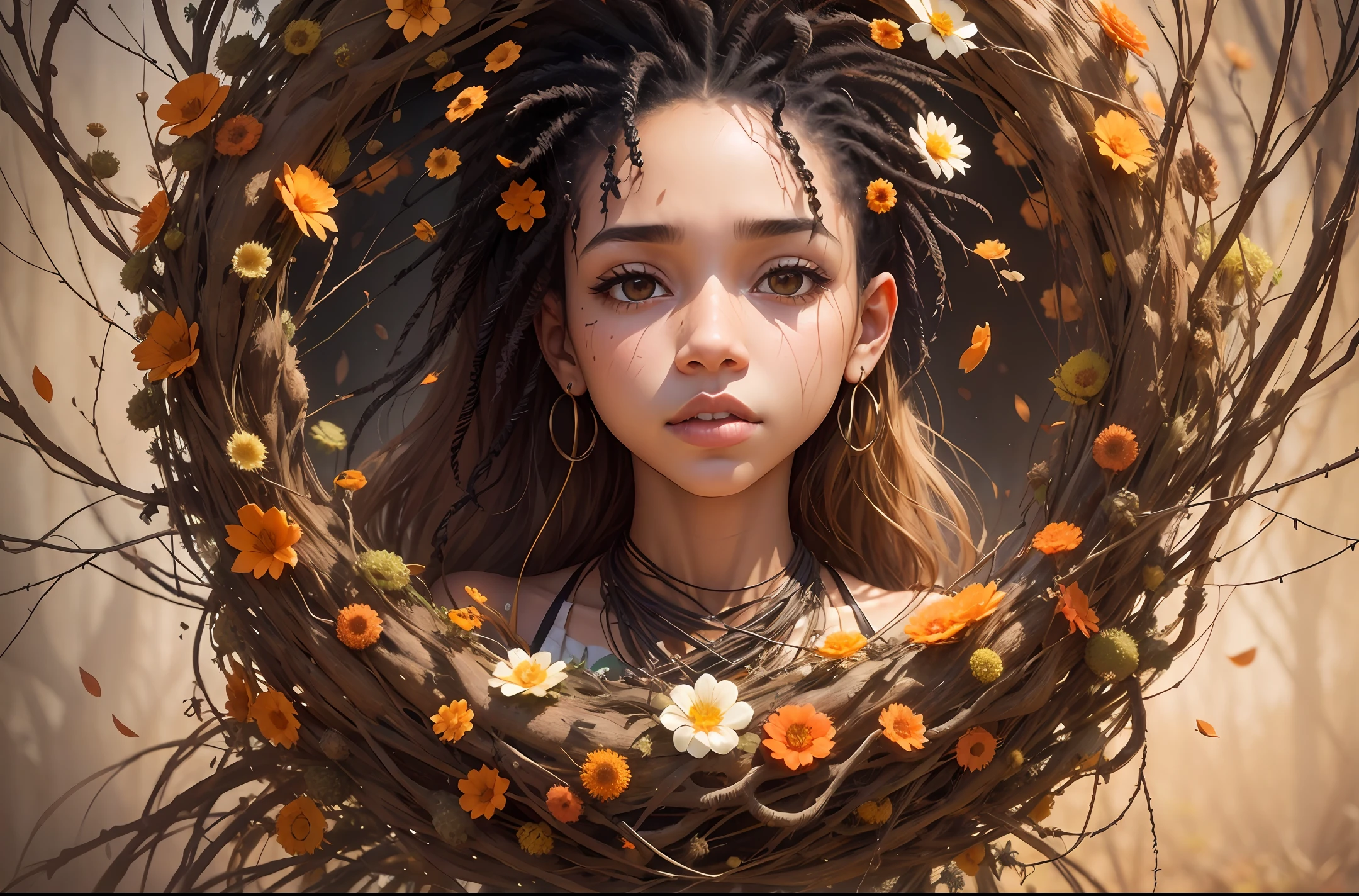 a biracial woman in flowers on display, in the style of sharp/prickly, light orange and brown, environmental portraiture, melting pots, uhd image, tangled nests, tondo --auto --s2