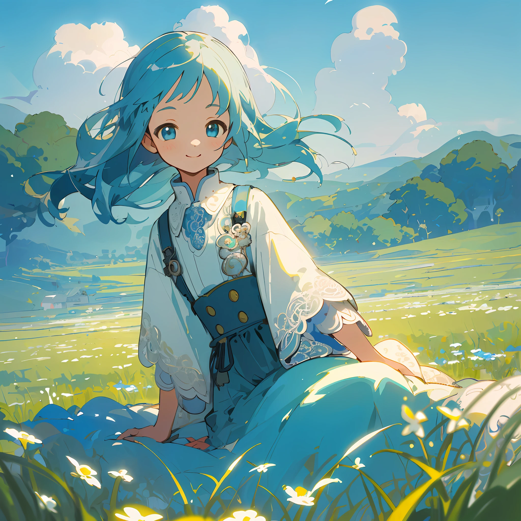 ((masterpiece, best quality, highest quality, illustration, intricate details)), blue sky, white clouds, meadow, 1 little girl, bright smile, fresh style, fresh tone, rich color, high saturation, depth of field, outdoors, Miyazaki style