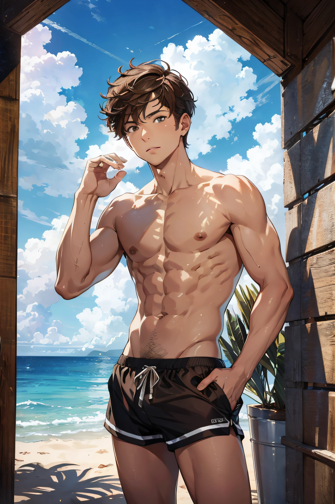 (absurdres, highres, ultra detailed), masterpiece, best quality, a boy topless, short hair, brown hair, finely eye and detailed face, beach, swim trunks, sunny sky and cloud, look away