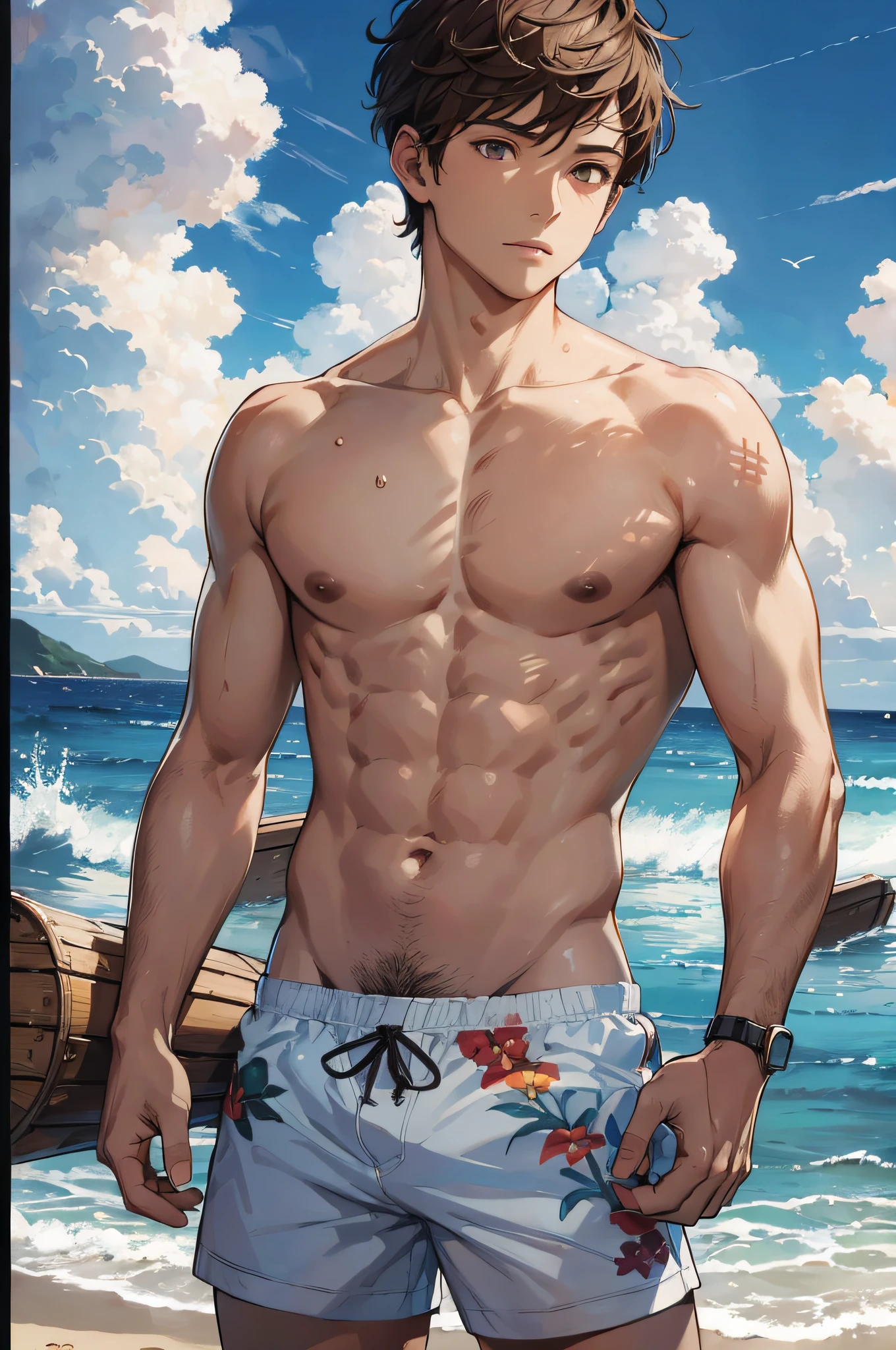 (absurdres, highres, ultra detailed), masterpiece, best quality, a boy topless, short hair, brown hair, finely eye and detailed face, beach, swim trunks, sunny sky and cloud, look away