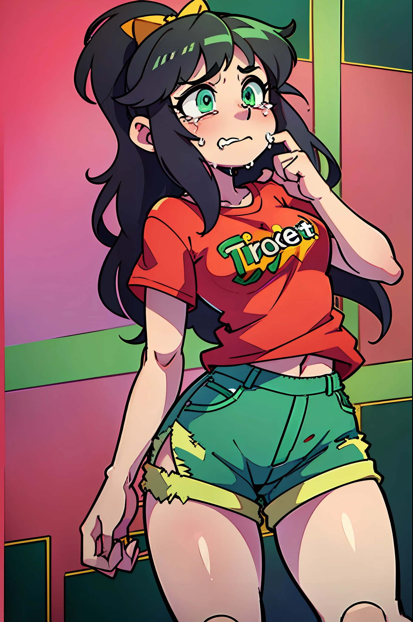 masterpiece, high quality, (anime), best quality, 1girl, very detailed eyes and face, loose red shirt, dynamic light, ((POV)), ponytail hair, (pink background: 1.1), (((green eyes))), dark hair, ((((red shirt)))), ((yellow logo)), denim shorts, aquamarine shorts, black hair, yellow bun, ((long short))), (gray tights), dark black hair, ((flat chest)), (15 years), small figure, small thighs, (fire logo), large size shirt, thin body, ((ponytail hair)), ((single background)), dark greenish hair, ((crying with eyes close)), ((eyes closed)),