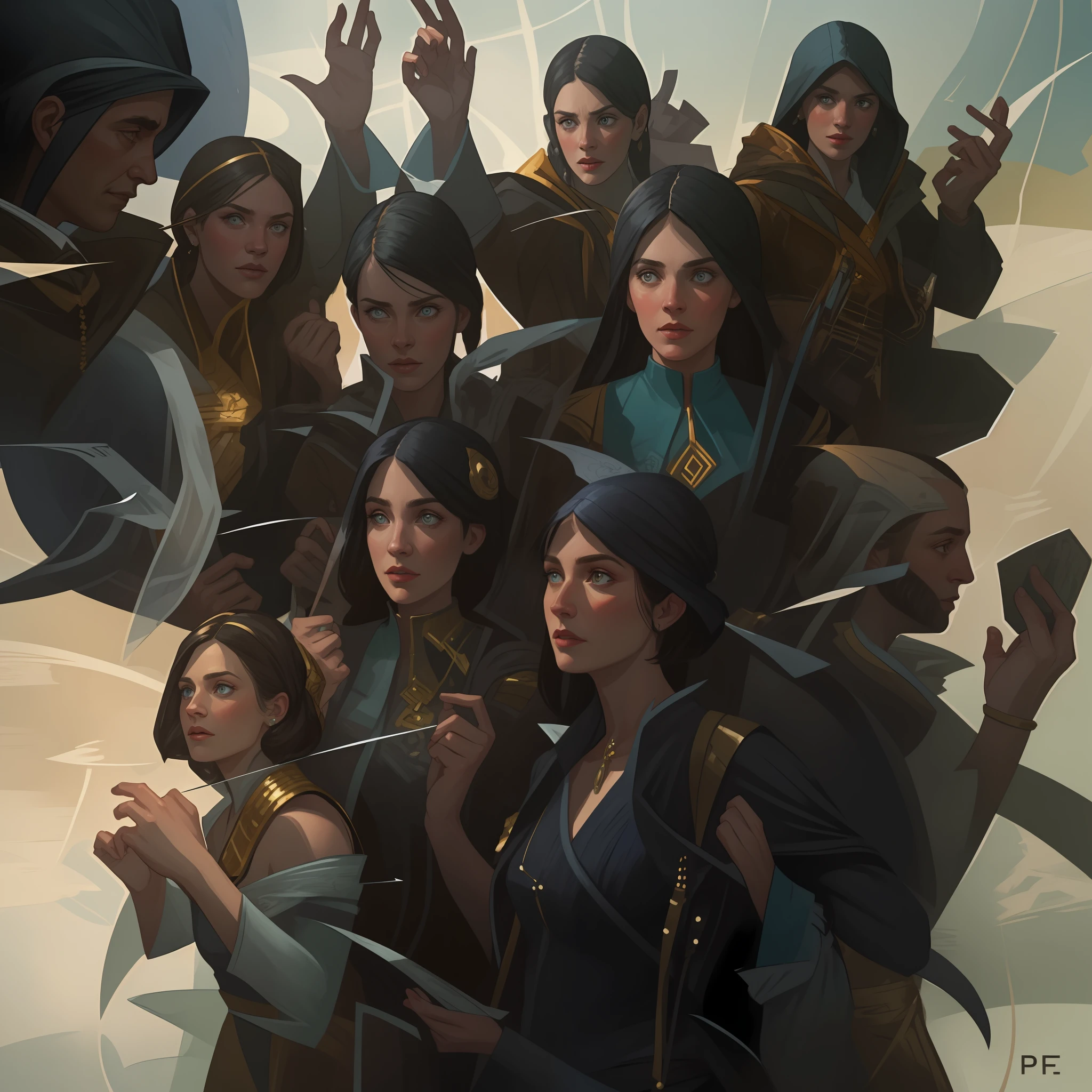 masterpiece, best quality, hyper detailed gouache portrait of a gorgeous woman speaking with other people, group conversation, character art portrait, detailed character portrait, epic scene illustration, graphic novel scene, dramatic tense scene