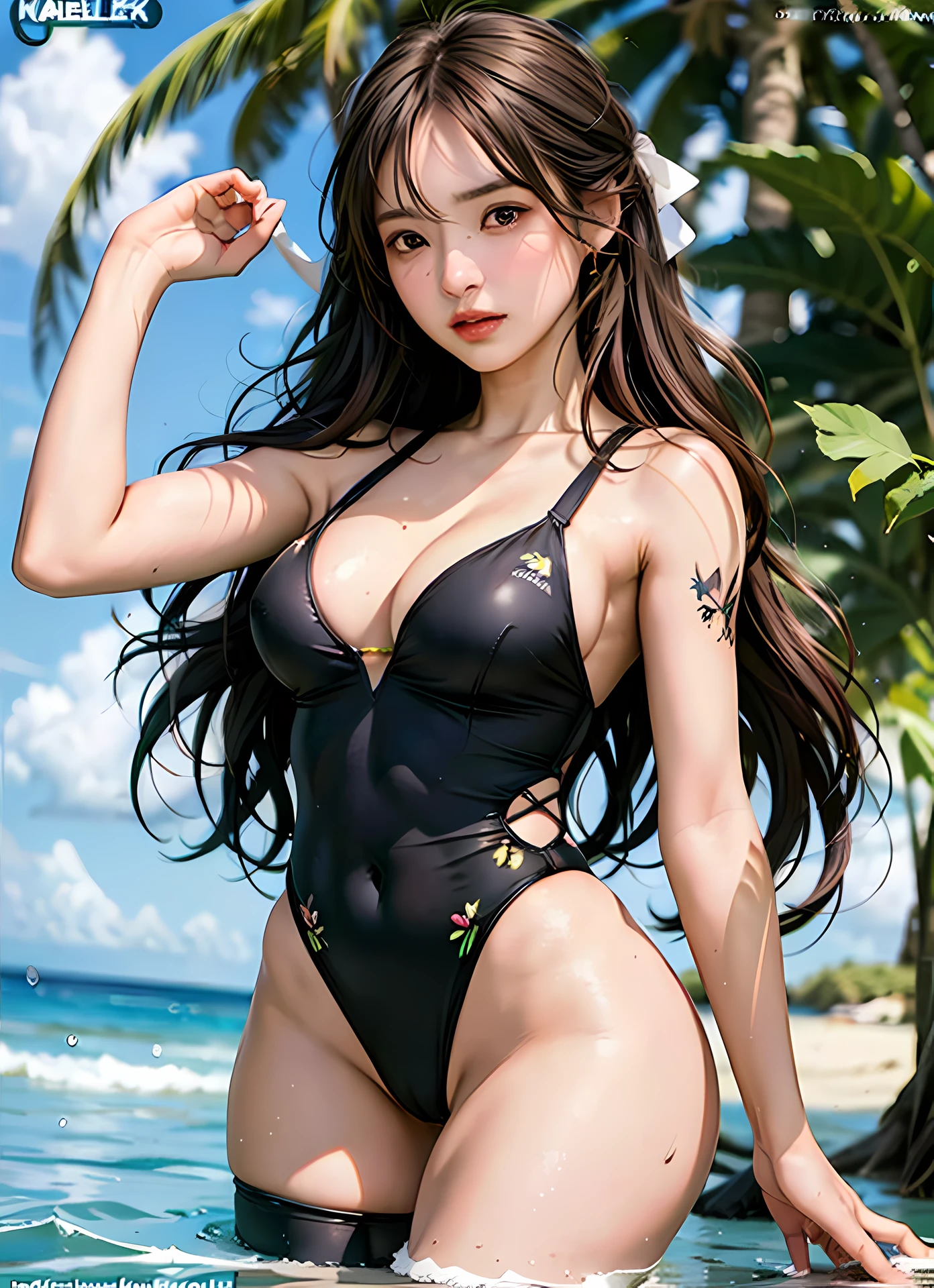 Distant shot, clean face, (masterpiece: 1.2, 8K),(Cameltoe:1.2), Long hair, breasts, blonde hair, big breasts black hair, skirt beach outlet, 2women, brown eyes, collarbone, swimsuit, hair ribbon, outdoor, gray eyes, big eyes, navel covered, thick thighs, beach, sun, green palm, ribbon, one piece, tight clothes, shoulder tattoo, nami_\(one_piece\), Nico Robin, Crowded beach in the background, (flowerxl: 1.2), blush, very detailed, side view, (PureErosFace_V1:0.7), (cameltoe:1.2), (hourglass figure), (ulzzang-6500-v1.1:0.6)