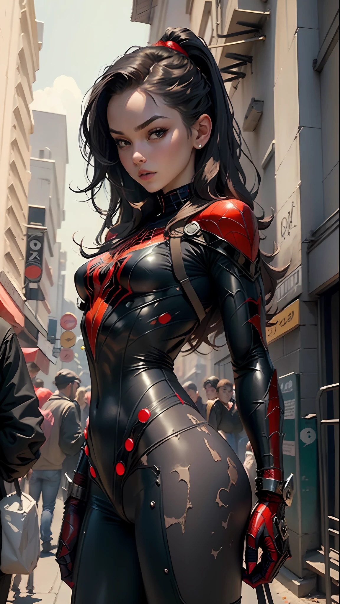 Beautiful woman detailed defined bodysuit, black golden thong, using spider man cosplay, small breasts