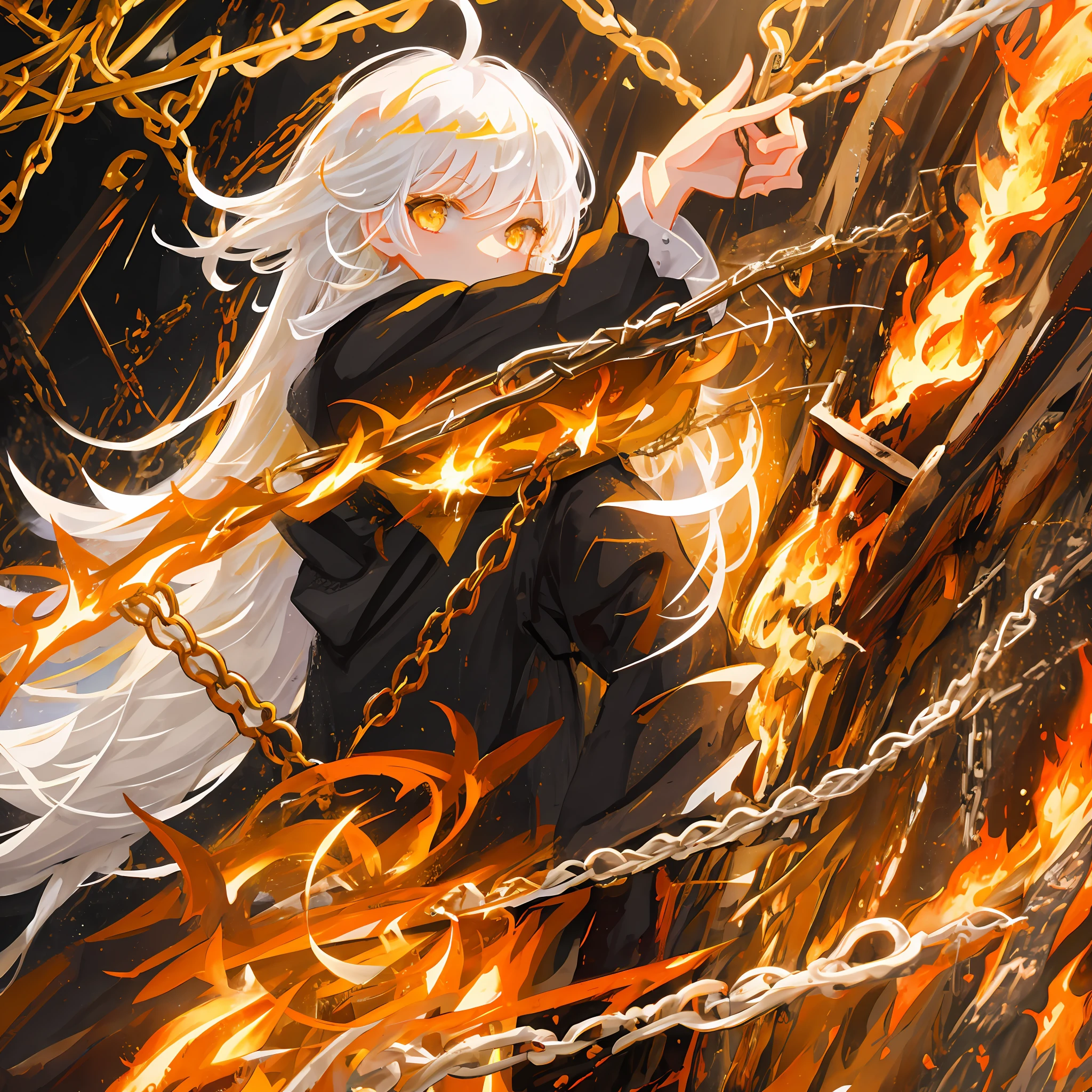 masterpiece, best quality, ultra-detailed, illustration, close-up, straight on, 1girl, white hair, yellow eyes, angel, chains,masterpiece,fancy background,fire,rainstorm