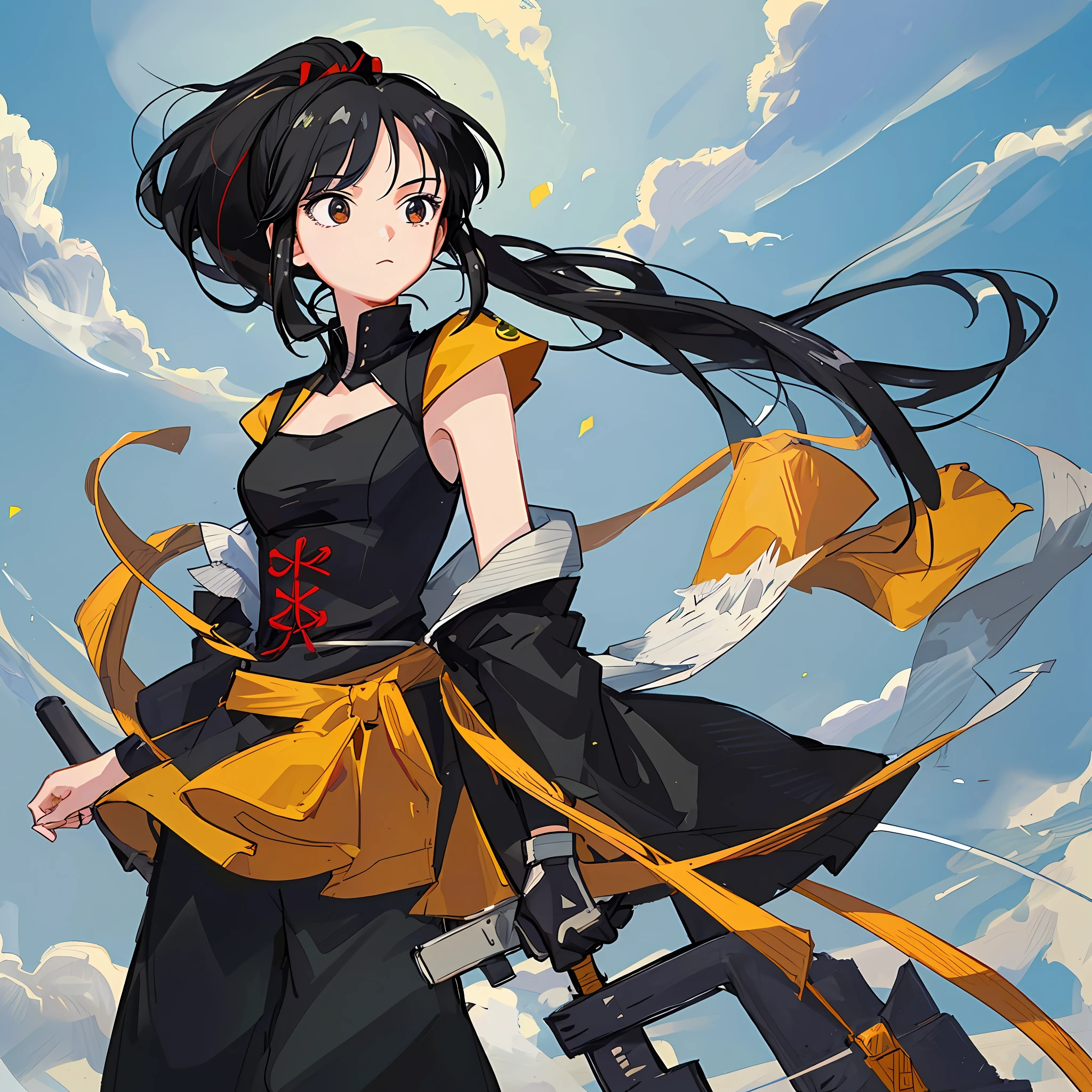 (Masterpiece), (Best Quality), (Super Detail),(Illustration), one Female, Black Hair, Ponytail Hair, black wear, by Yoshihiro Togashi