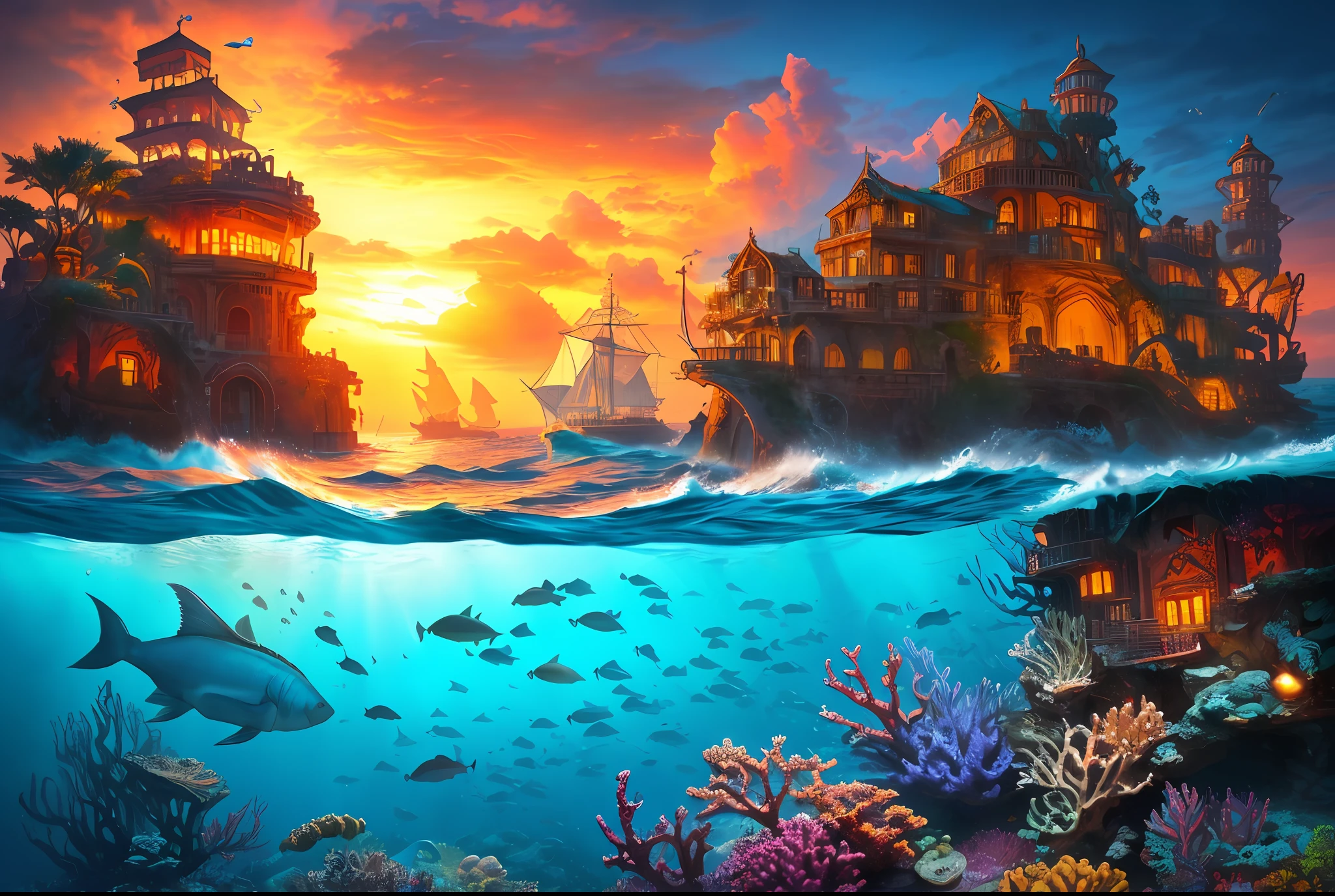 Marine Mount,Underwater World on Dark High Seas, Epic Reality, (Hdr: 1.4), Weak Sunlight, Cool Colors, Ancient Ruins, Ocean-Like Houses Full of Design Sense, Fantastic and Incredible, Epic Composition, (Complex Details), (Complex Details, Ultra Detail: 1.2), Art Station, (Masterpiece, Best Quality) --v 6