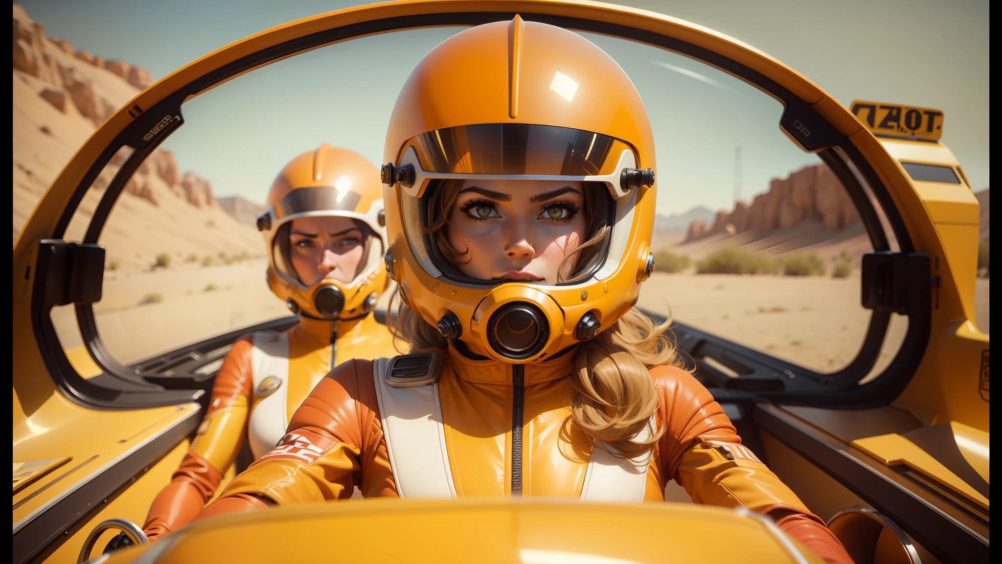 there are two women in space suits riding in a vehicle, 5 0 0 px models, 60s style, anamorphic, ocher, warwick saint, orange, furious gorgeous woman, trending on character design, mono-yellow, gemini, winged helmet, renault, ultra wide lens shot, sid mead