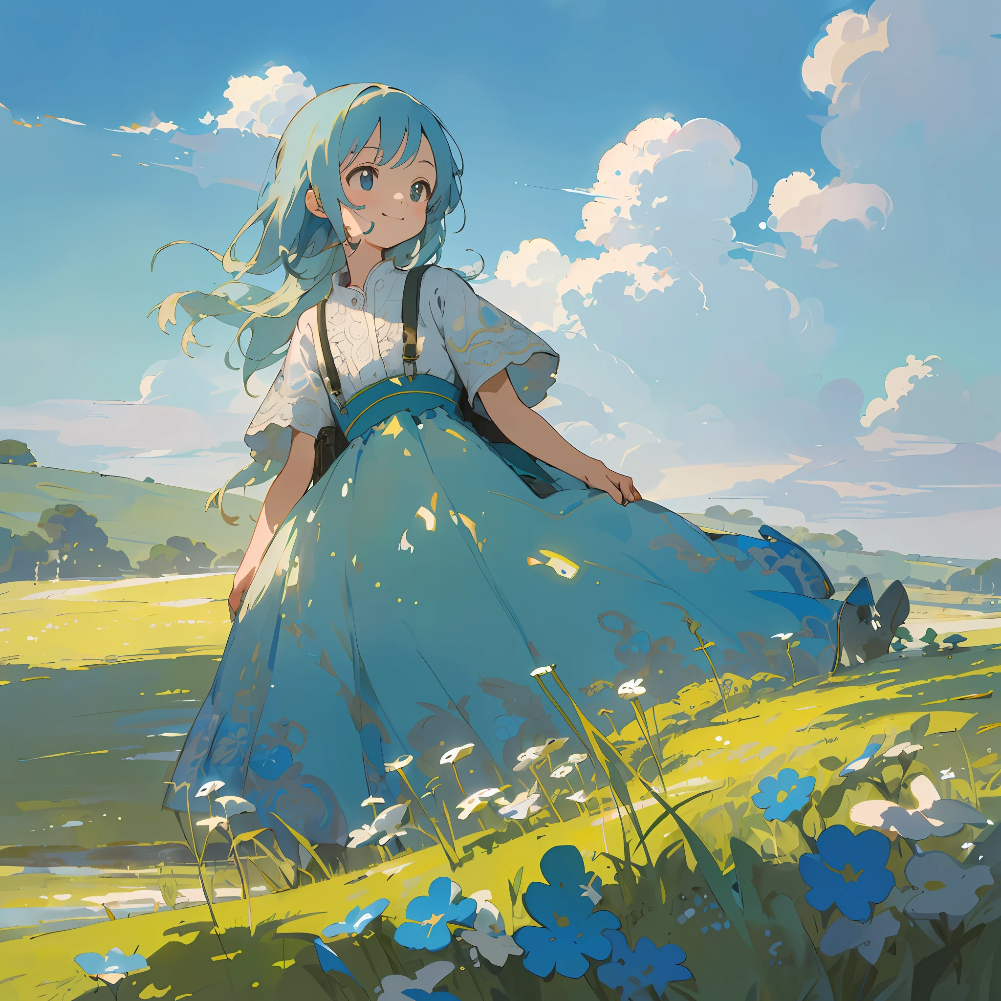 ((masterpiece, best quality, highest quality, illustration, intricate details)), blue sky, white clouds, meadow, 1 little girl, bright smile, fresh style, fresh tone, rich color, high saturation, depth of field, outdoors, Miyazaki style