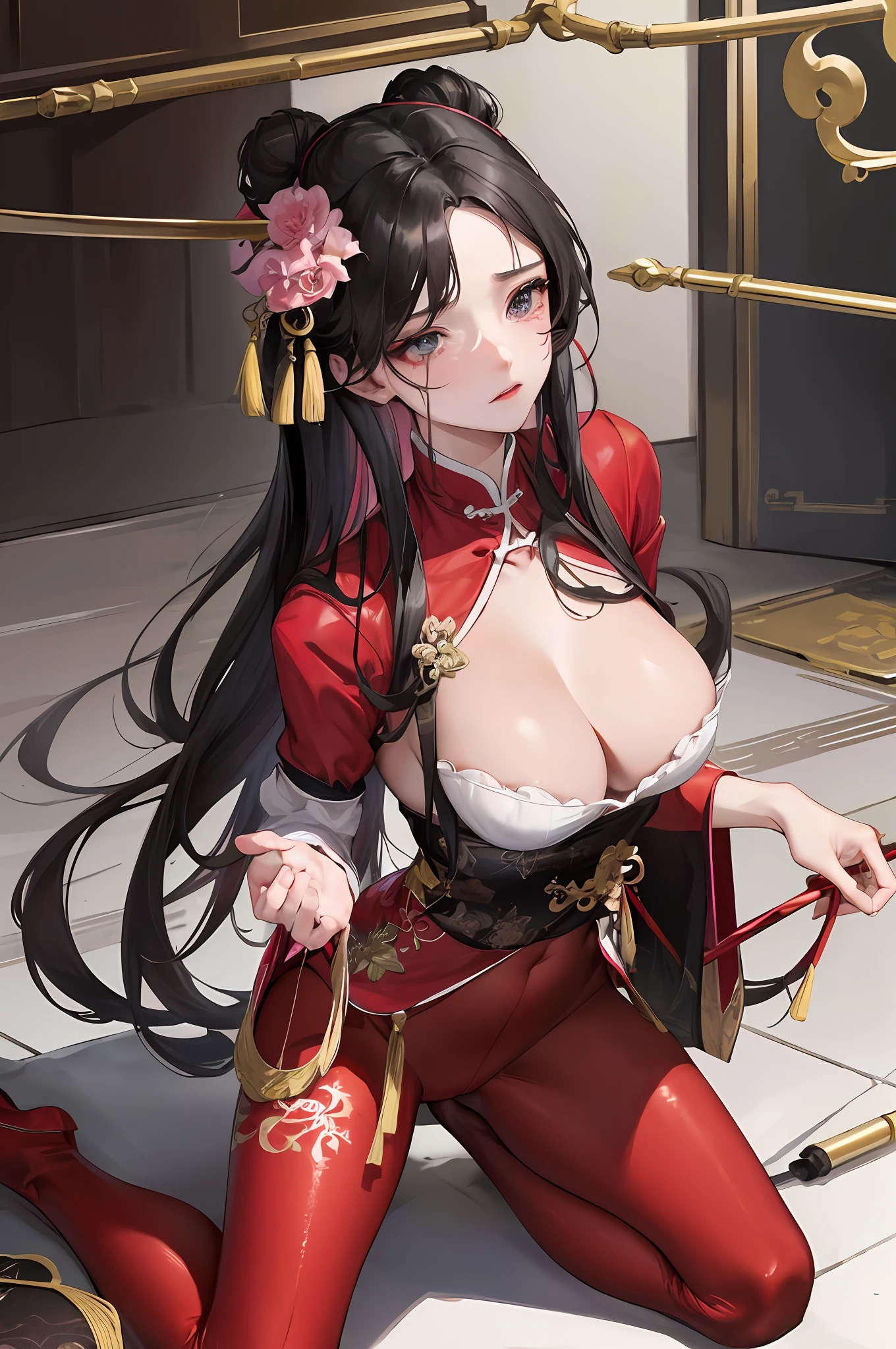 masterpiece, top quality, night, chinese style, ancient china, royal, cold expression, expressionless, long black hair, light pink lips, calm, intellectual, triple band, gray pupils, assassin, broom, flower ball background, facial details, correct limbs, (NSFW:1.0), 1girl, protruding crotch, breasts clamped by clips, especially tightened by red panties, wearing tight underwear, kneeling on the table, showing a painful expression, tears in the corners of the eyes,