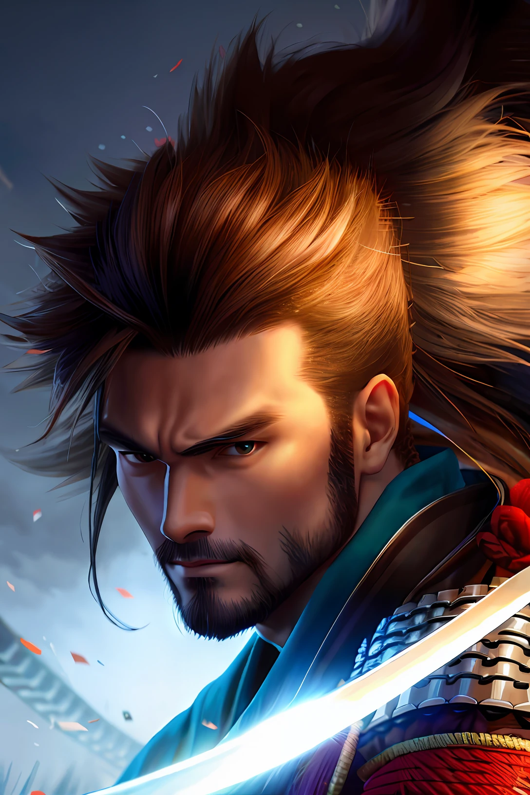 Samurai with big hair with a sword